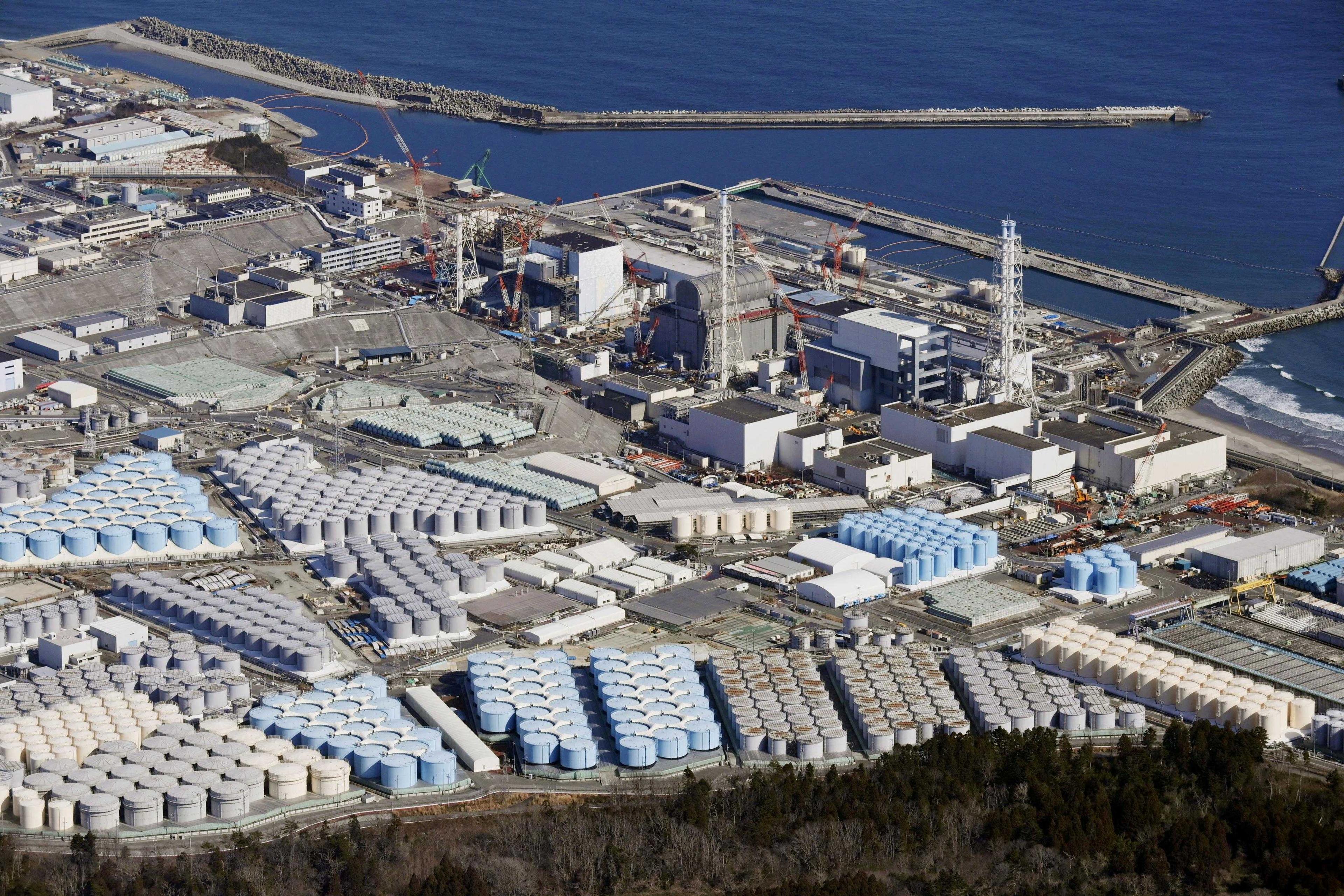 An aerial view shows the storage tanks for treated water at the tsunami-crippled Fukushima Daiichi nuclear power plant in Okuma town, Fukushima prefecture, Japan Feb 13, 2021, in this photo taken by Kyodo. Photo: Reuters