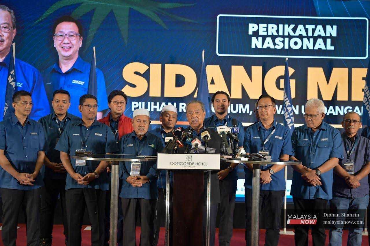 Perikatan Nasional chairman Muhyiddin Yassin speaks during a press conference following the results of the elections which saw the coalition winning the majority of the total seats in six states, at Concorde Hotel in Shah Alam, Aug 13.