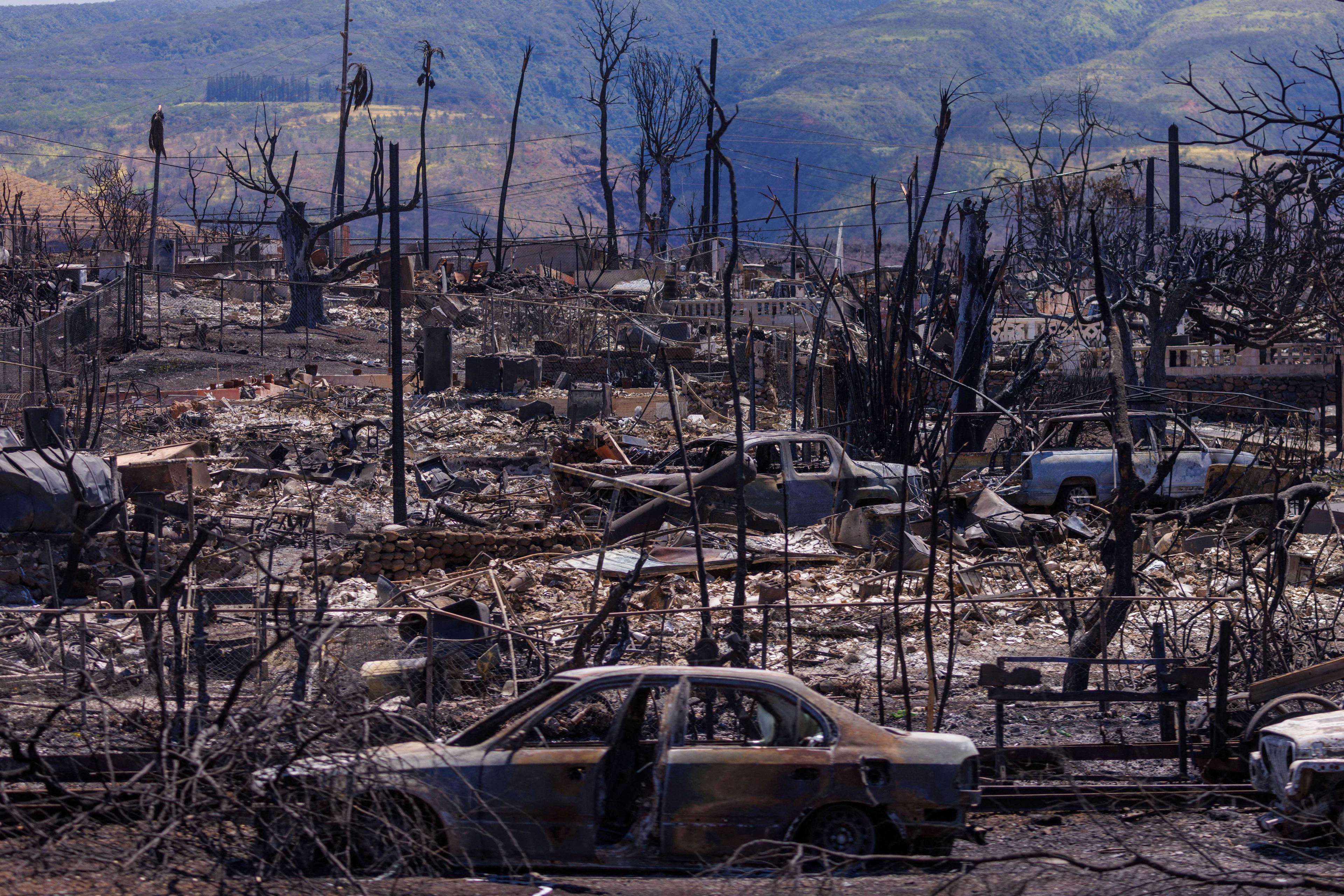 Harta benda Penduduk di kawasan kejiranan di bandar Lahaina musnah akibat kebakaran hutan di pulau Maui di Hawaii, 15 Ogos. Gambar: Reuters