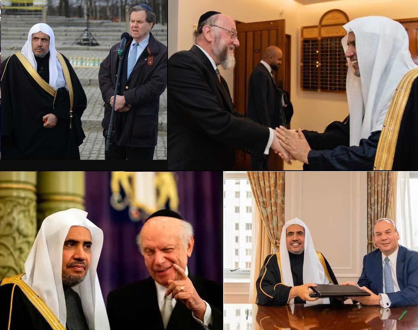 Mohammad Abdulkarim Al-Issa with various Zionist personalities, clockwise from top left: American Jewish Committee chief David Harris; UK-based Rabbi Ephraim Mirvis; and US-based rabbis Marc Schneier and Arthur Schneier, all of whom have defended Israel's current military assault on Gaza.