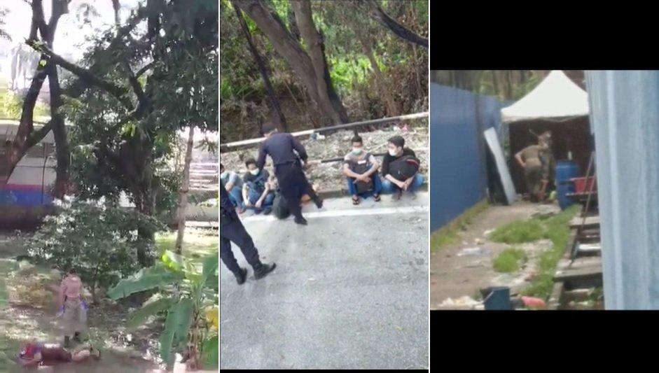 Tangkap layar video yang menunjukkan individu beruniform mengganasi pekerja asing.