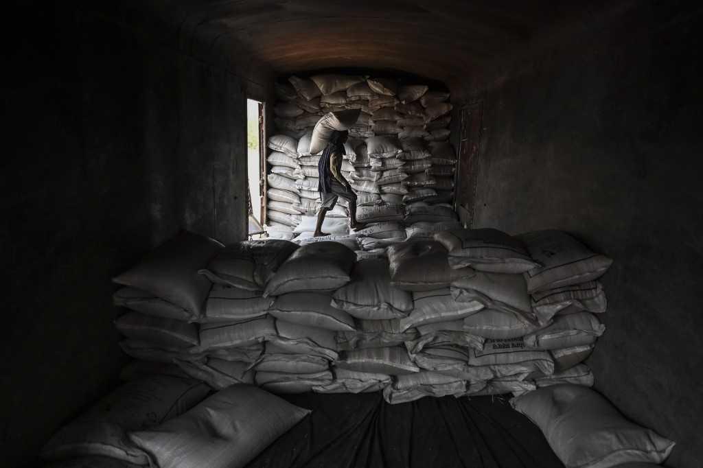 A worker loads a sack of wheat on a freight train at Chawa Pail railway station in Khanna, Punjab state, on May 19. Photo: AFP