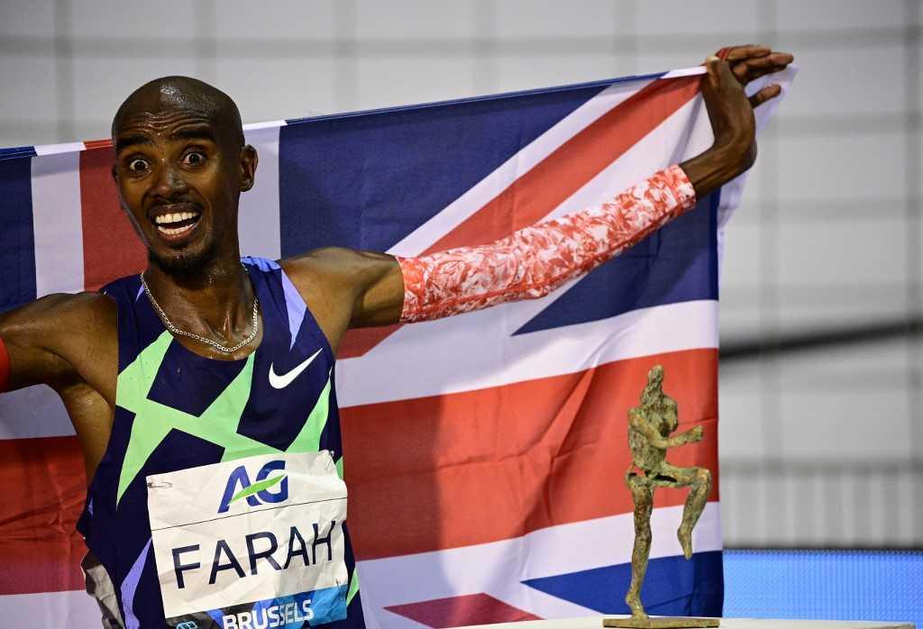 Britain's Mo Farah celebrates after victory and a world record in the men's one-hour event at The Diamond League AG Memorial Van Damme athletics meeting at The King Baudouin Stadium in Brussels on Sept 4, 2020. Photo: AFP