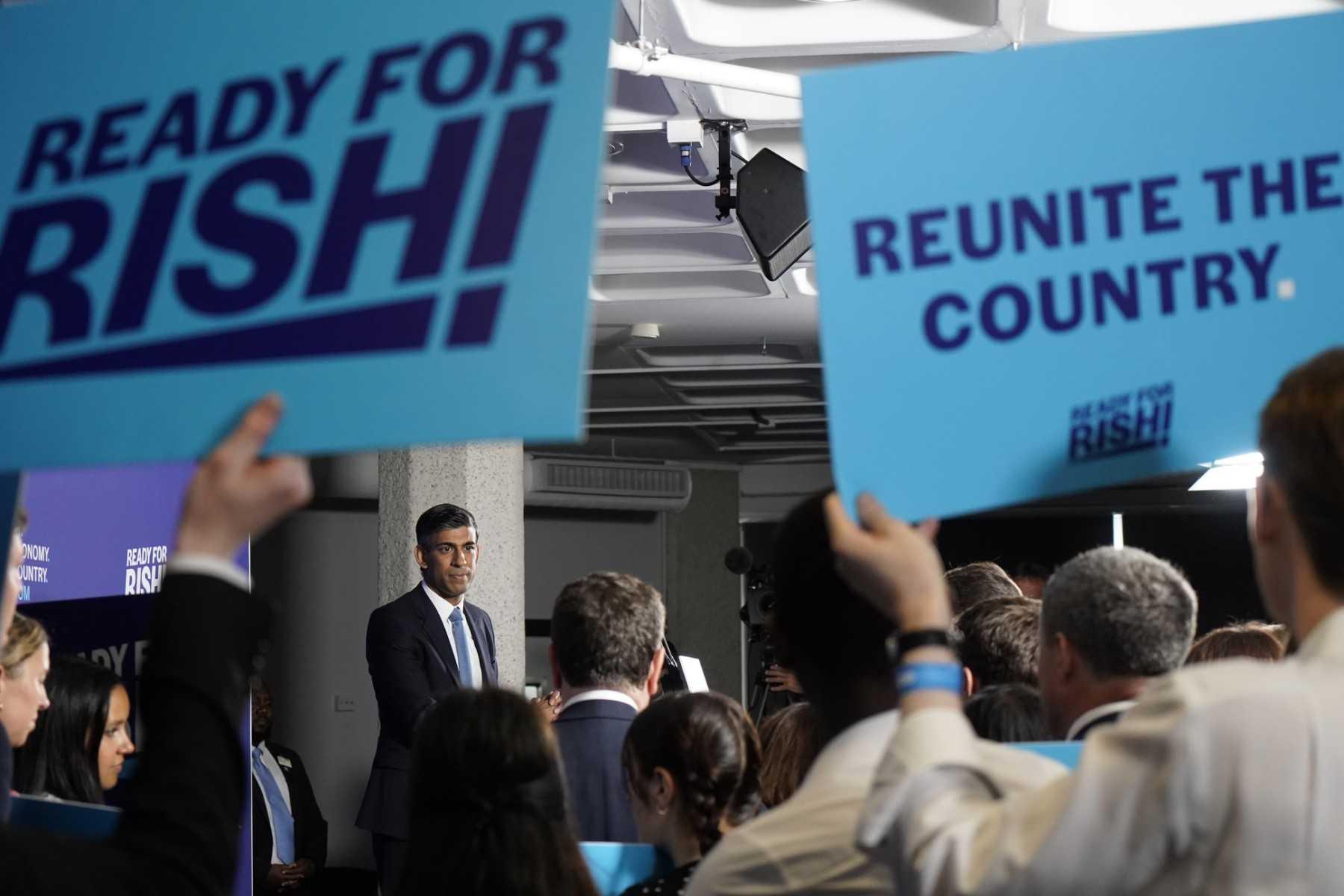 Rishi Sunak delivers a speech at the Queen Elizabeth II Centre in London on July 12. Photo: AFP