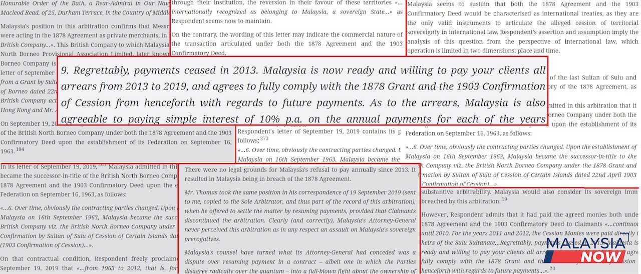 Petikan daripada 297 perkara dalam keputusan timbang tara mahkamah, di mana surat bekas peguam negara Tommy Thomas berulang kali dipetik bagi menyokong tuntutan mereka mendakwa sebagai waris sultan Sulu di mana mereka mendakwa Malaysia berhutang berbilion dolar kepada mereka.