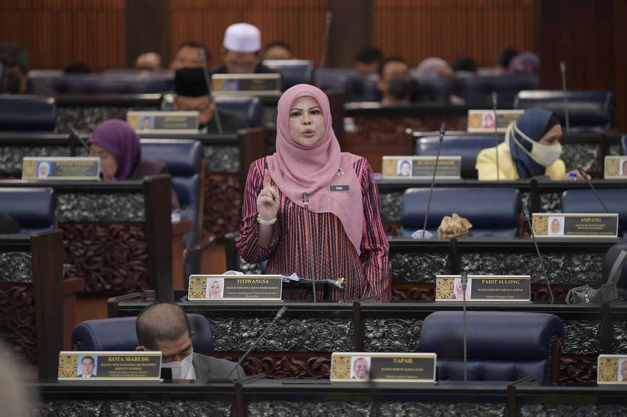 Women, Family and Community Development Minister Rina Harun speaks in the Dewan Rakyat today. Photo: Bernama