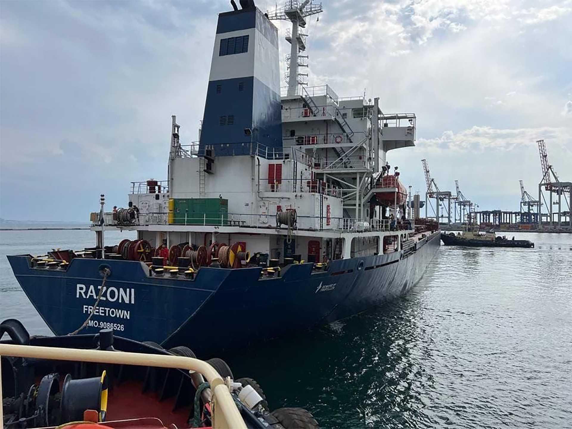 This handout picture taken and released by the Turkish Defence ministry press office on Aug 1, shows the Sierra Leone-flagged dry cargo ship Razoni, carrying a cargo of 26,000 tonnes of corn, departing from the Black Sea port of Odesa, amid Russia's military invasion launched on Ukraine. Photo: AFP 