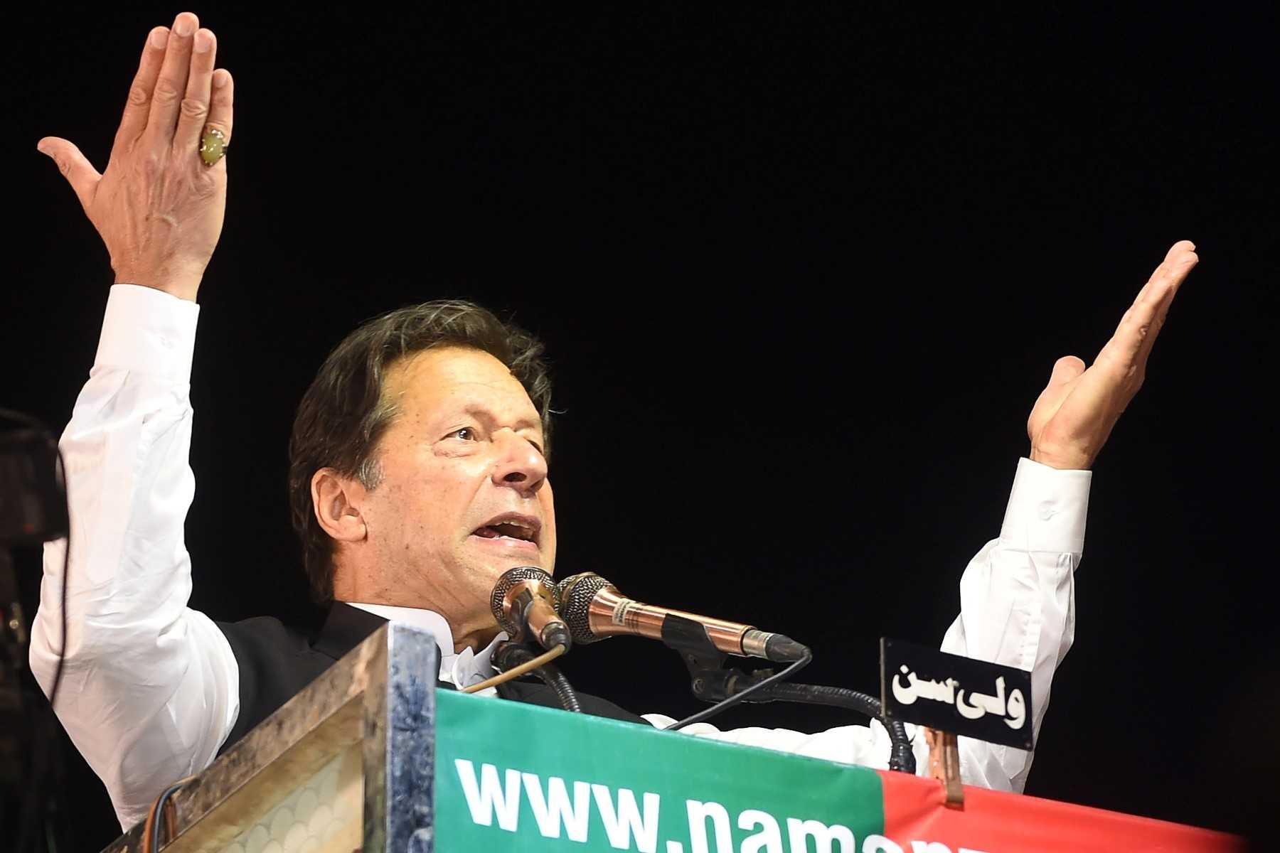 Former Pakistan prime minister Imran Khan addresses supporters during a rally in Lahore on April 21. Photo: AFP
