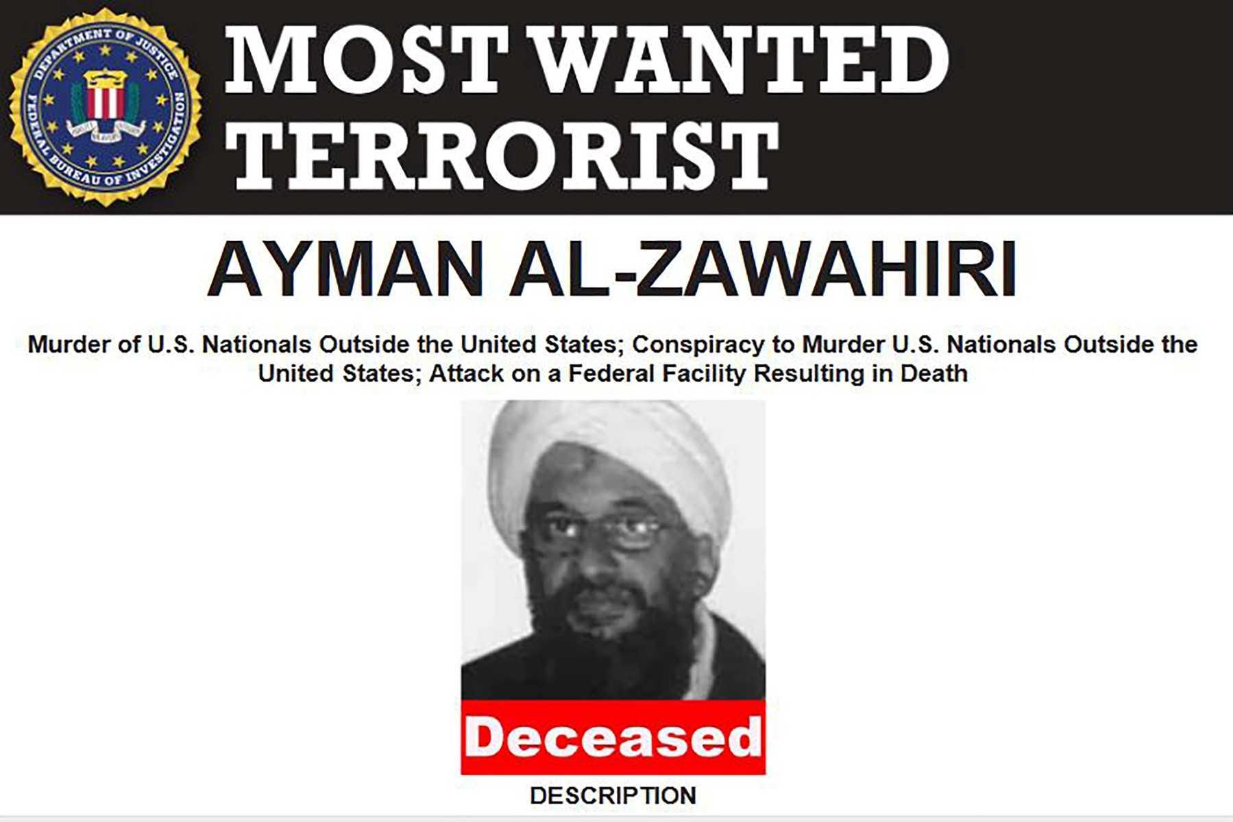 This handout image provided by the Federal Bureau of Investigation on Aug 1, shows the poster of Al-Qaeda chief Ayman al-Zawahiri after he was killed in a US counterterrorism operation. Photo: AFP 