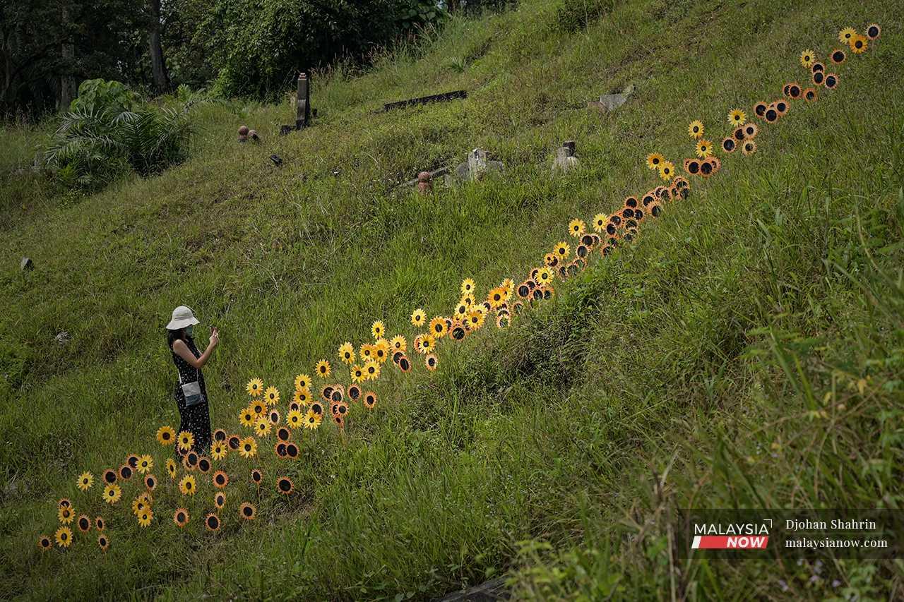 A woman takes a picture of a display of sunflowers, created by artist Rat.
