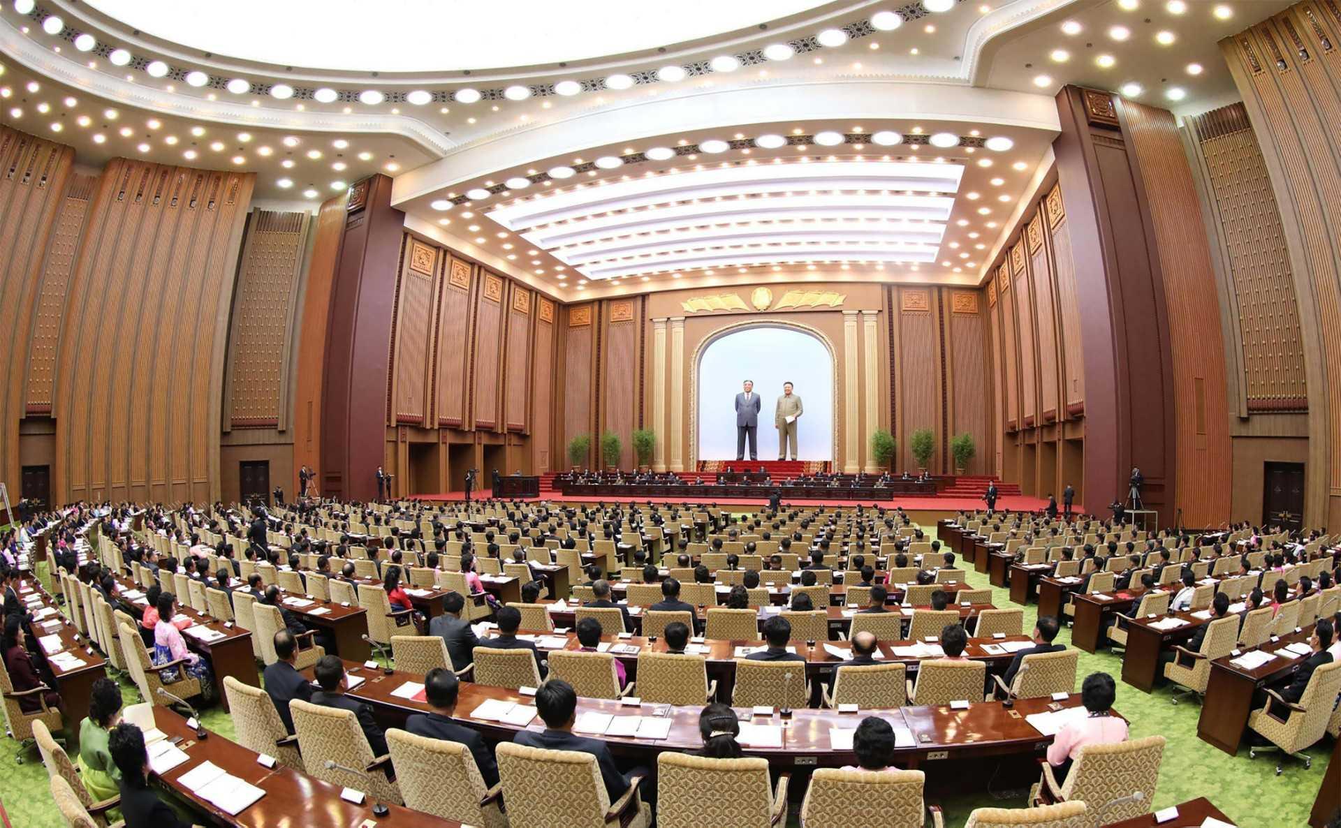 This picture taken on April 12, 2020 and released from North Korea's official Korean Central News Agency (KCNA) on April 13, 2020 shows a session of 14th Supreme People's Assembly (SPA) at the Mansudae Assembly Hall in Pyongyang. Photo: AFP/KCNA VIA KNS