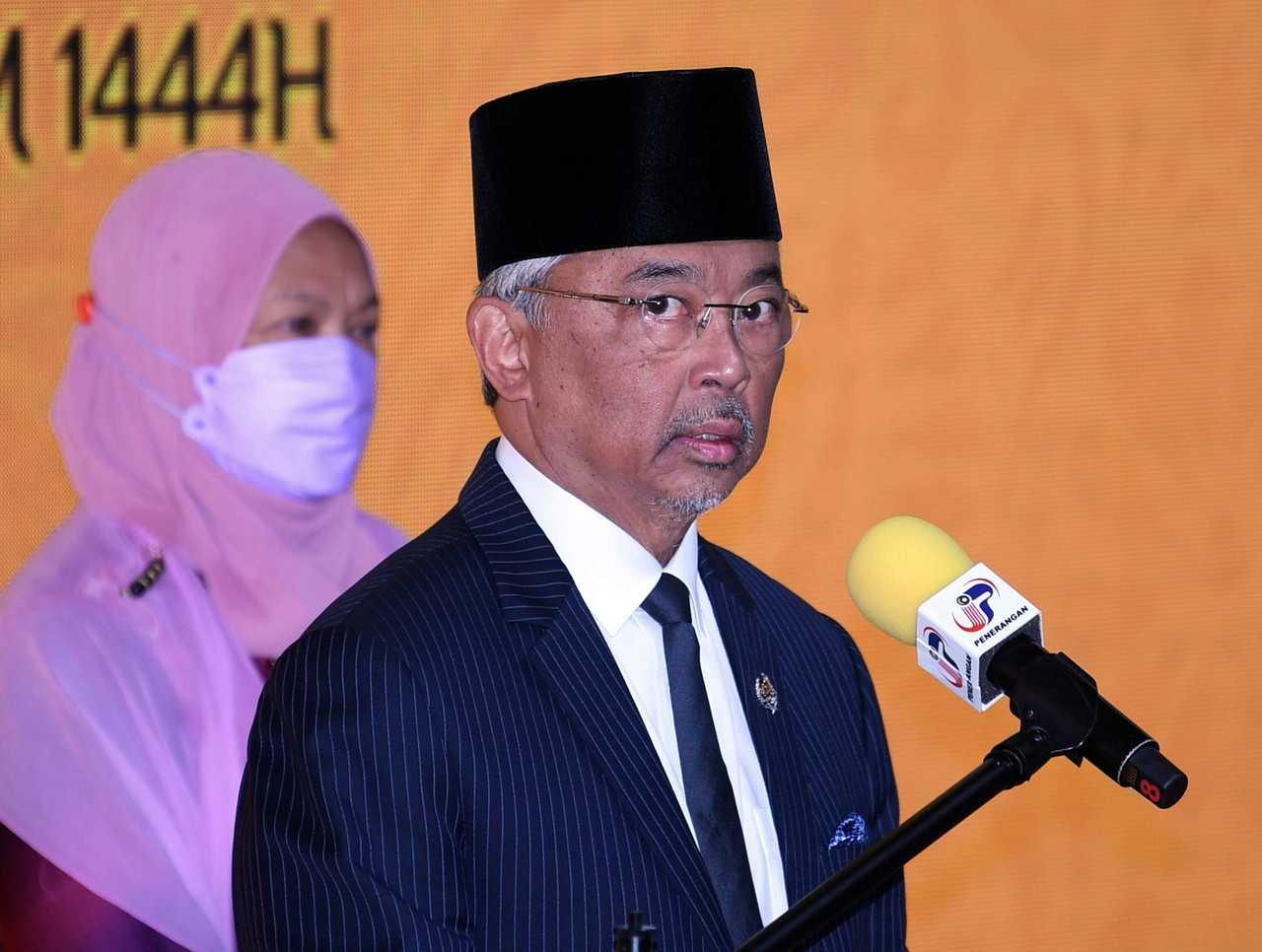 Yang di-Pertuan Agong Sultan Abdullah Sultan Ahmad Shah speaks in Setia Alam, Shah Alam, today. Photo: Bernama