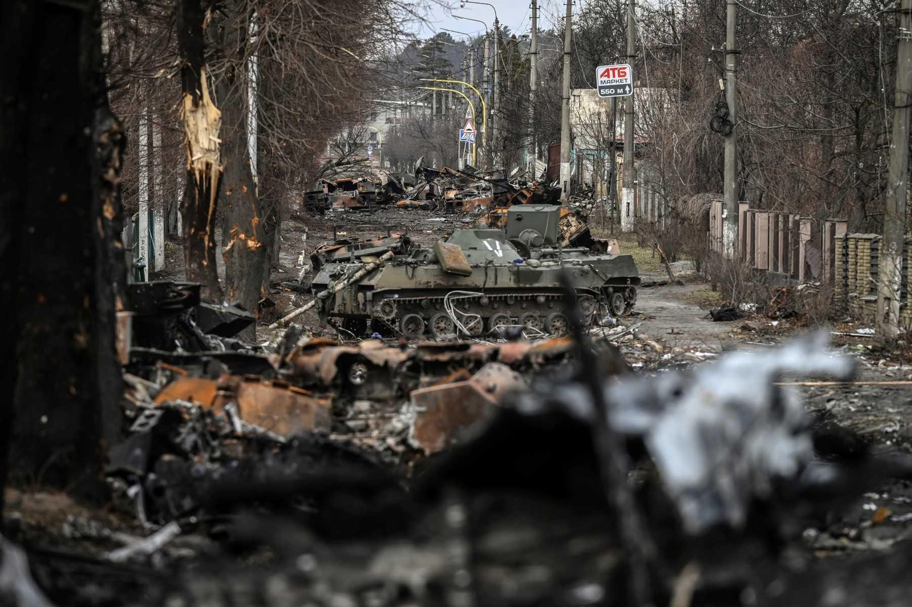 This general view shows destroyed Russian armoured vehicles in the city of Bucha, west of Kyiv, on March 4. Photo: AFP