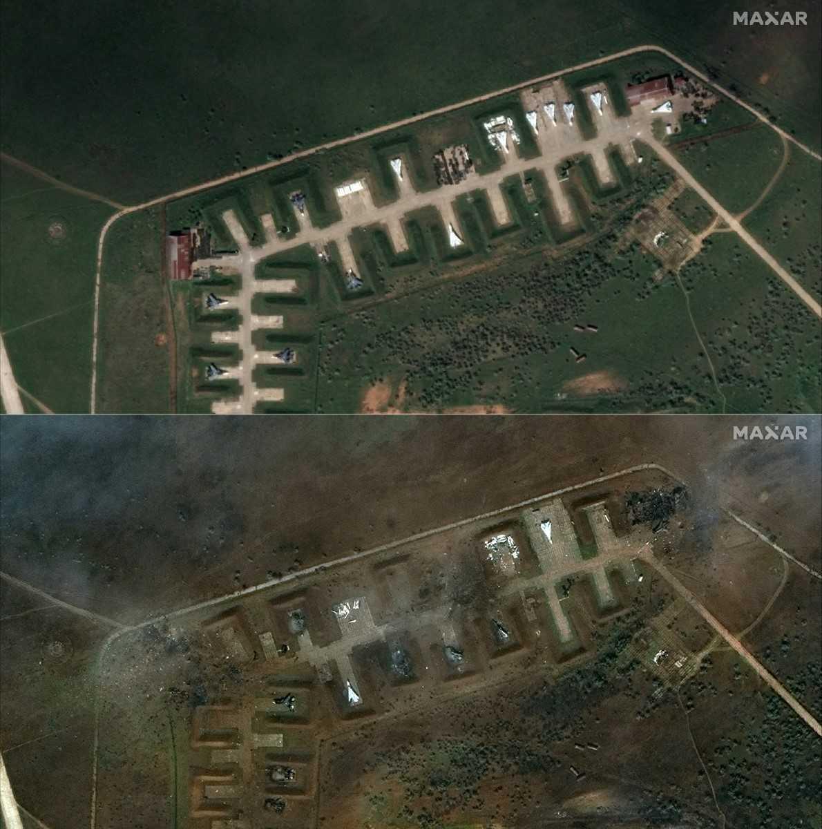 This combination of handout satellite images courtesy of Maxar Technologies created on Aug 11, shows Saki airbase on May 16, (top) and Aug 10, (bottom) following the reported attack in Novofedorivka, Crimea, Ukraine. Photo: AFP 