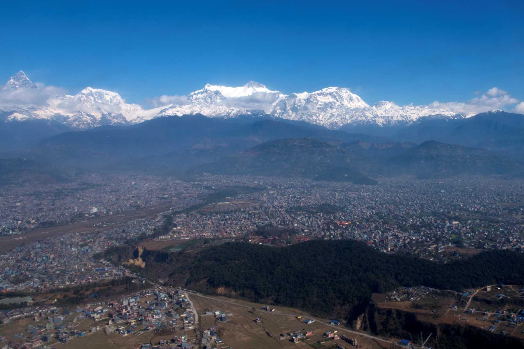 An aerial view shows Pokhara valley and Annapurna mountain range in Pokhara, some of 200km west of Kathamndu, on Jan 22, 2020. Photo: AFP 
