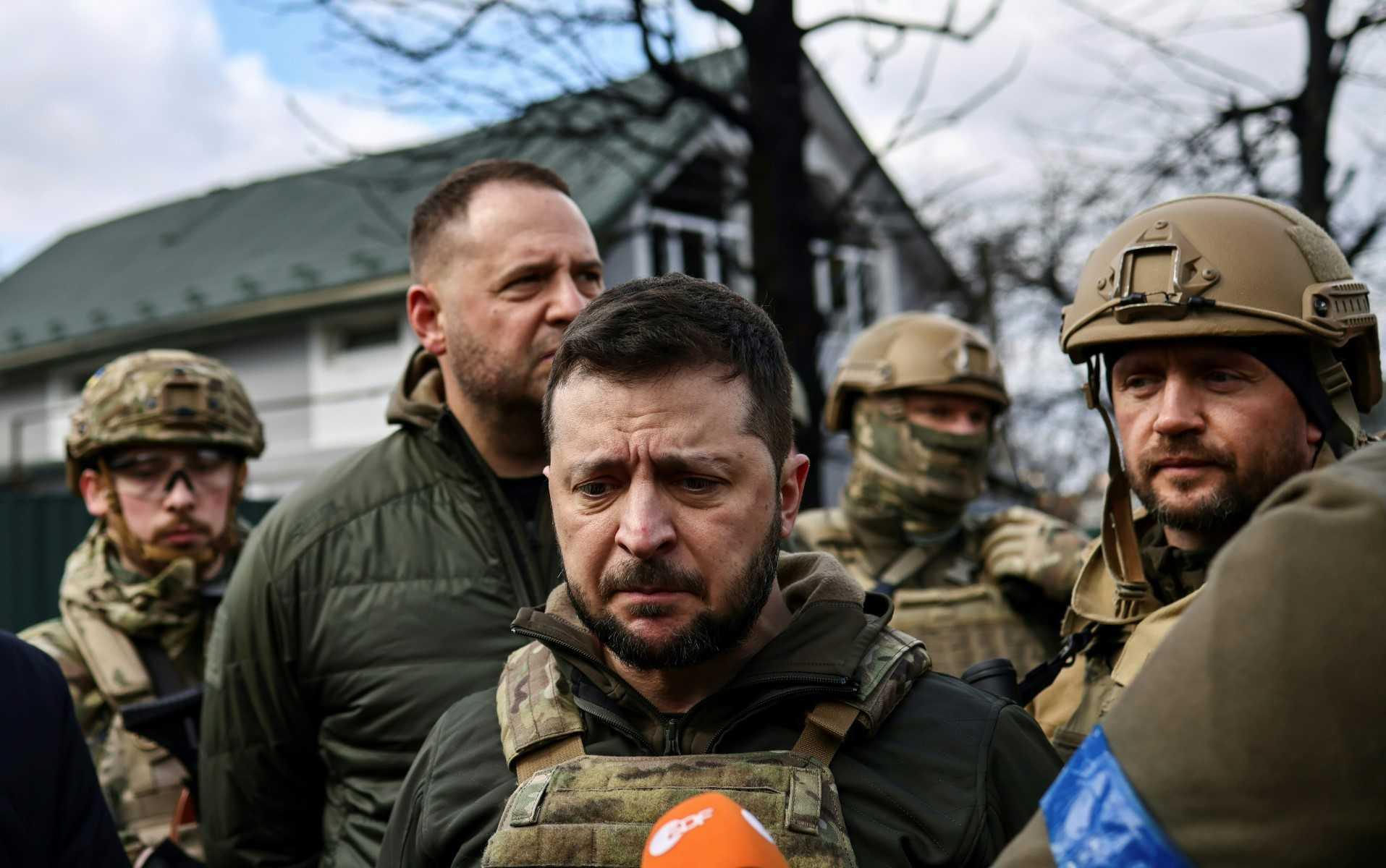 Ukainian President Volodymyr Zelensky speaks to the press in the town of Bucha, northwest of the Ukrainian capital Kyiv, in this April 4 file photo. Photo: AFP