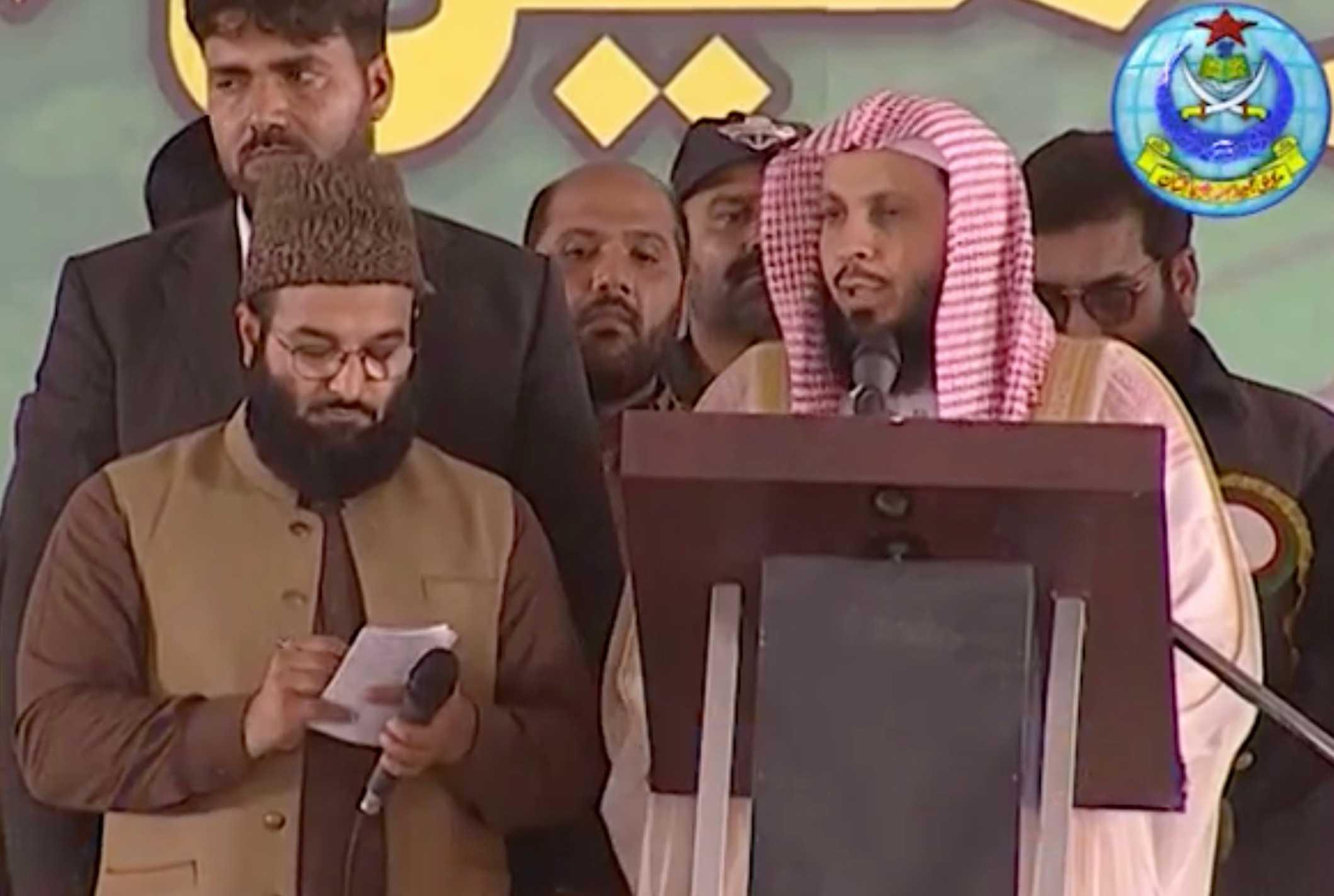 Tangkap layar Imam Masjidil Haram Syeikh Saleh Al-Talib ketika berucap di sebuah persidangan di Pakistan pada Mac 2018.