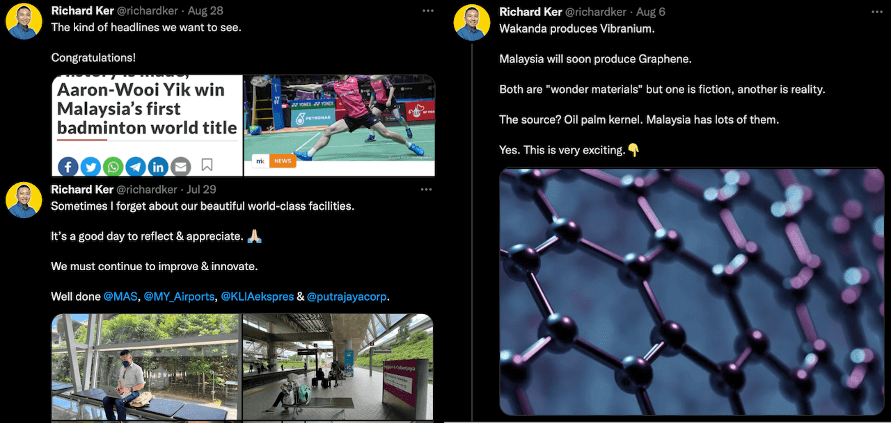 Some of Richard Ker's social media posts, highlighting interesting or positive news about Malaysia.