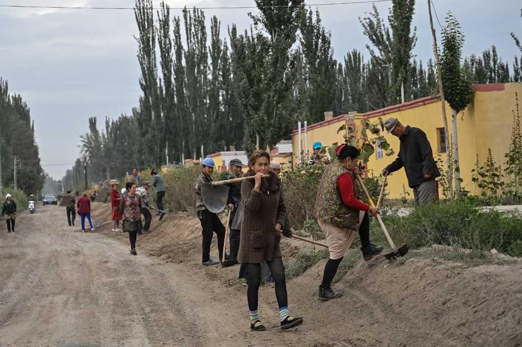 Gambar menunjukkan penduduk di Shayar, Xinjiang mengerjakan tanaman di tepi jalan. Gambar: AFP