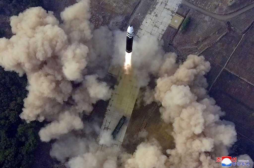 This picture taken on March 24 and released from North Korea's official Korean Central News Agency on March 25 shows the test launch of a new type intercontinental ballistic missile Hwasongpho-17 of North Korea's strategic forces in an undisclosed location in North Korea. Photo: AFP