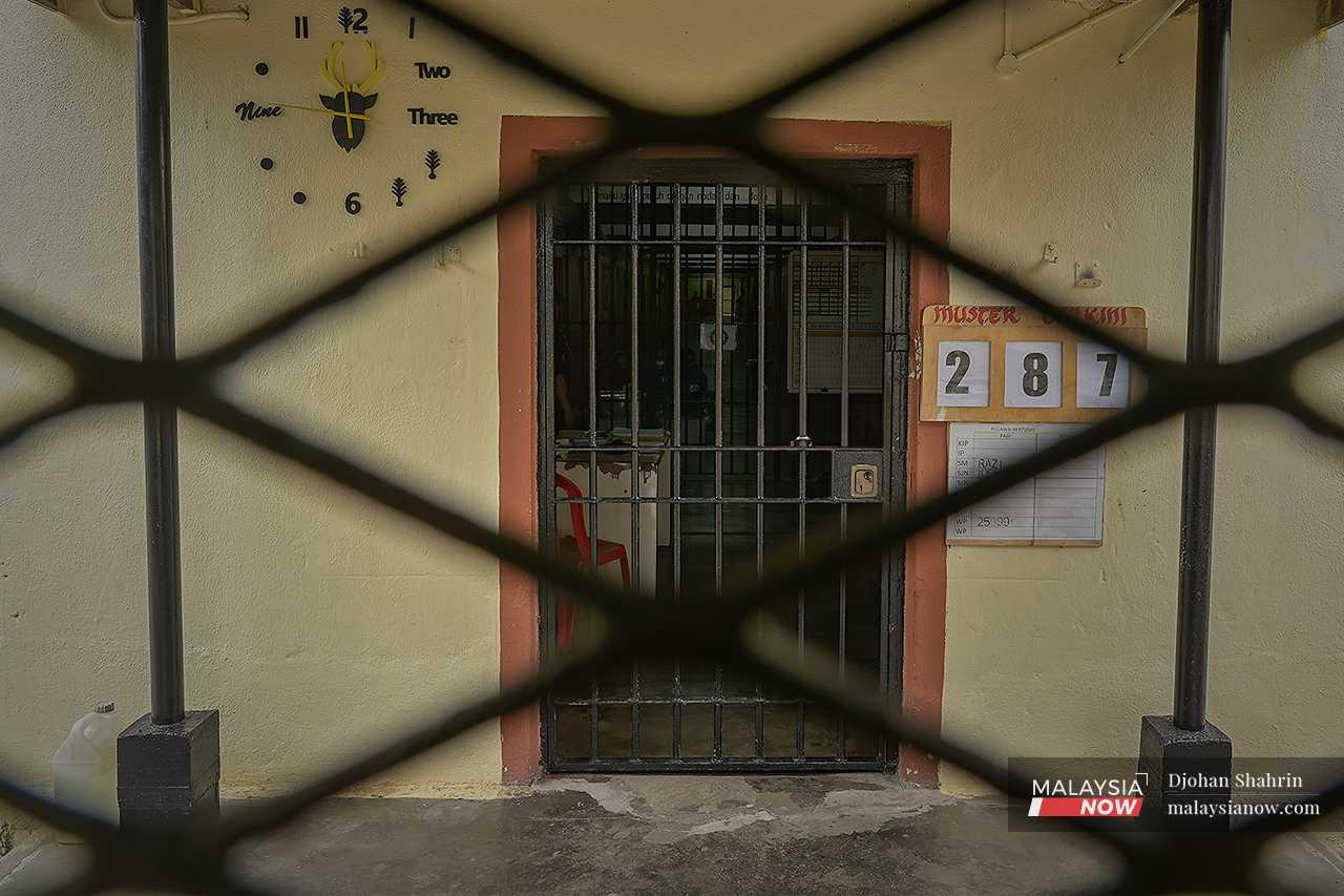 The entrance to a prison cell at Kajang Prison. This block is home to 287 inmates who are serving time in jail. 