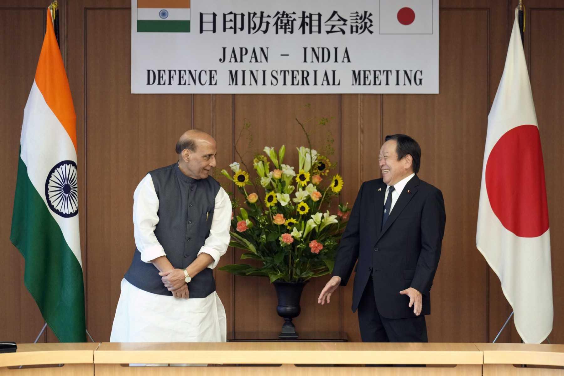 India’s Defence Minister Rajnath Singh (left) and Japan's Defence Minister Yasukazu Hamada pose for photos before a meeting in Tokyo on Sept 8. Photo: AFP