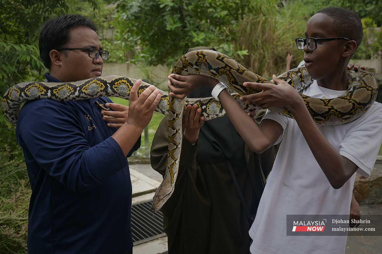 A visitor reacts as a python curls around his neck and shoulders under the watchful eye of its trainer. 
