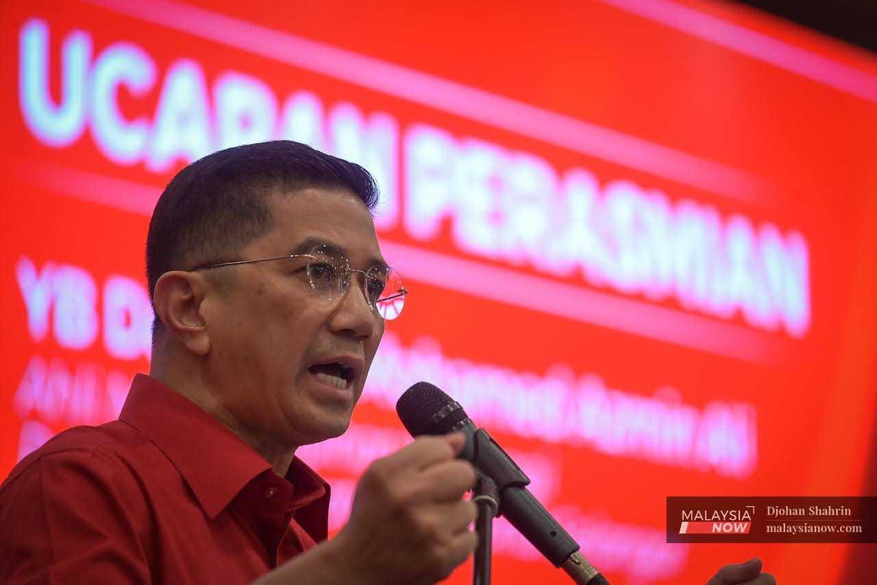 Gombak MP Mohamed Azmin Ali speaks at the launch of Bersatu's election machinery in Shah Alam today.