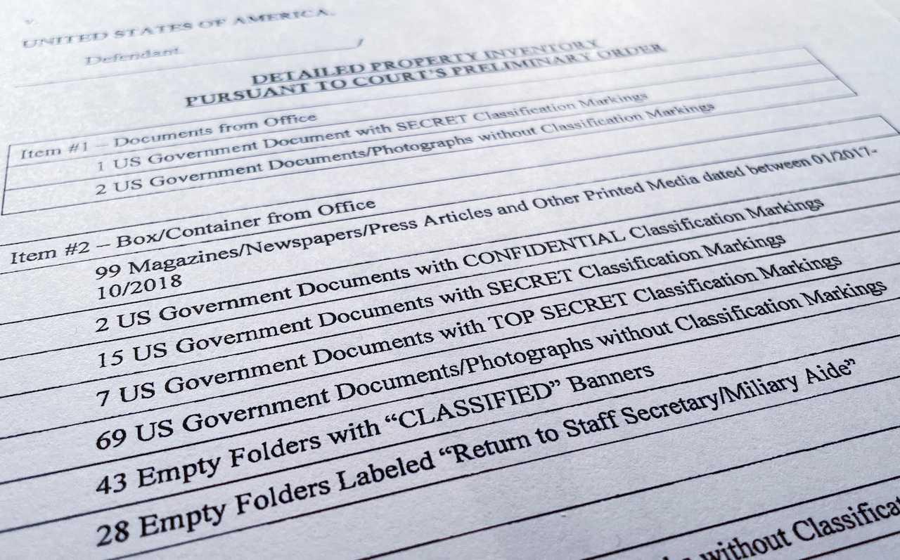 A detailed property inventory of documents and other items seized from former US president Donald Trump's Mar-a-Lago estate released to the public by the US District Court for the Southern District of Florida in West Palm Beach, Florida, Sept 2. Photo: Reuters