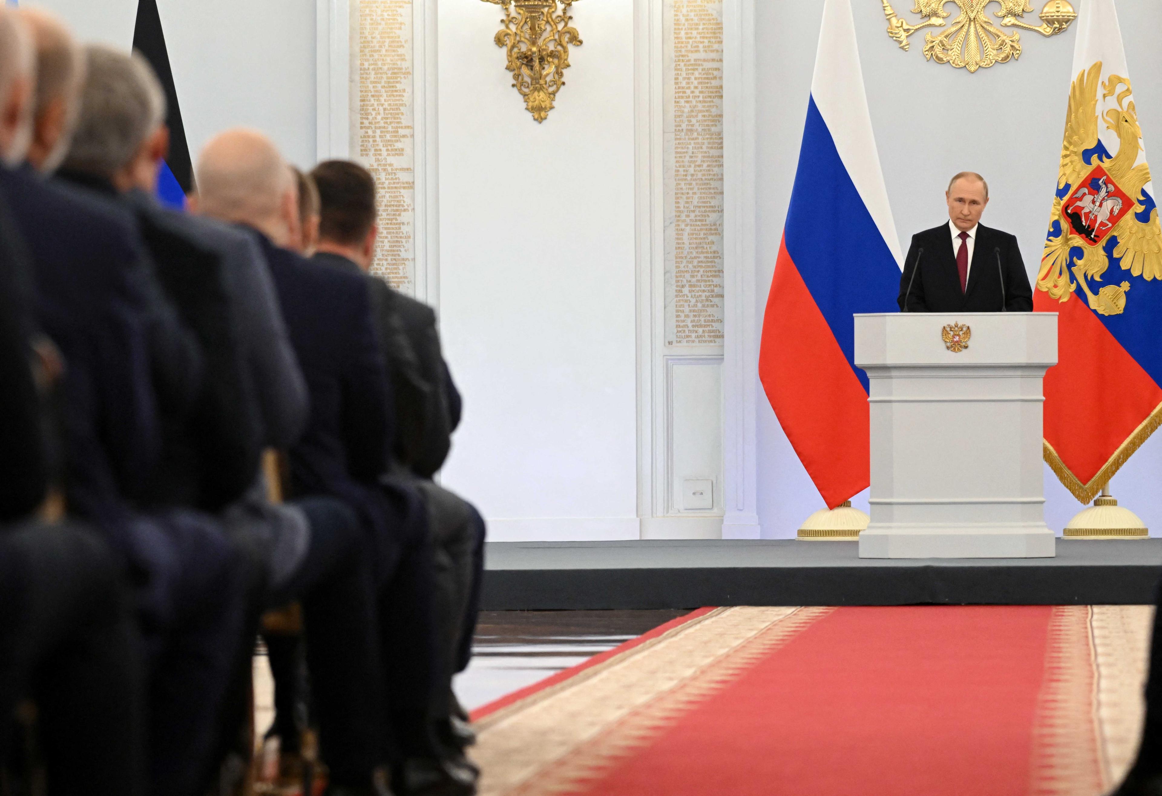 Russian President Vladimir Putin attends a ceremony to declare the annexation of the Russian-controlled territories, in the Georgievsky Hall of the Great Kremlin Palace in Moscow, Russia, Sept 30. Photo: Reuters