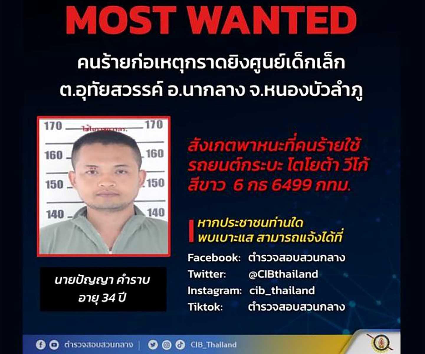 This handout from the Facebook page of Thailand's Central Investigation Bureau shows a picture of former policeman Panya Khamrapm, who is believed to have killed at least 30 people in a mass shooting at a nursery in the northern Thai province of Nong Bua Lam Phu. Photo: AFP 