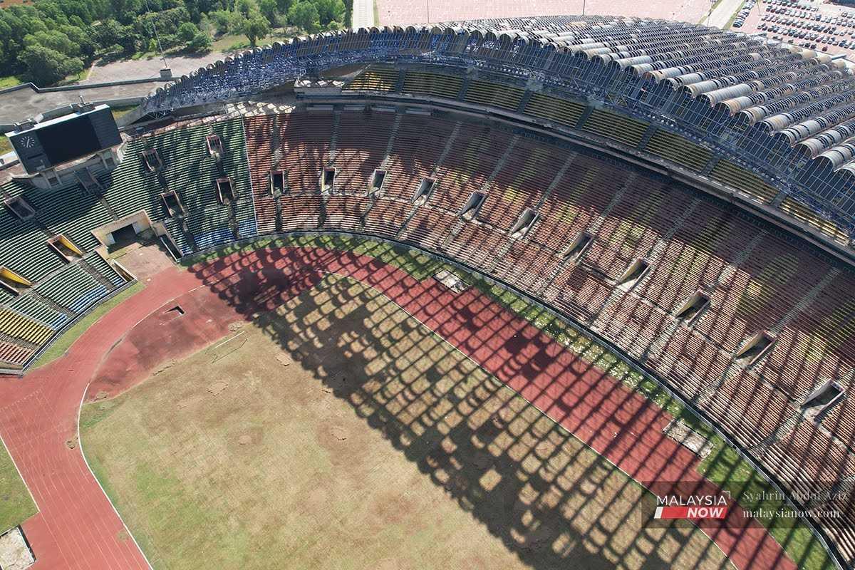 An aerial view of the main entrance and VVIP seating area at the Shah Alam stadium. 