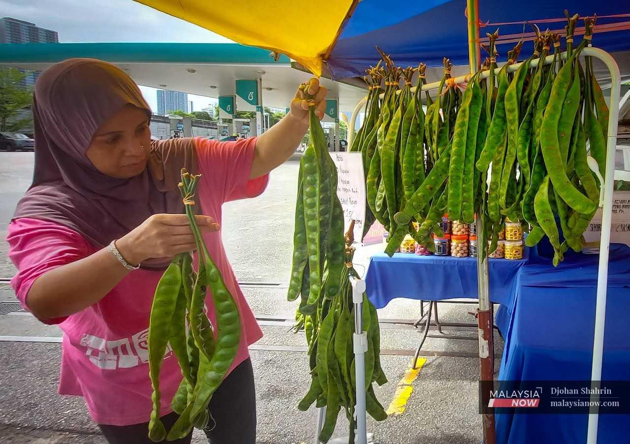 Zuraliati Zulkifli sets up her petai and kuih stall along the road in Pantai Dalam, Kuala Lumpur.