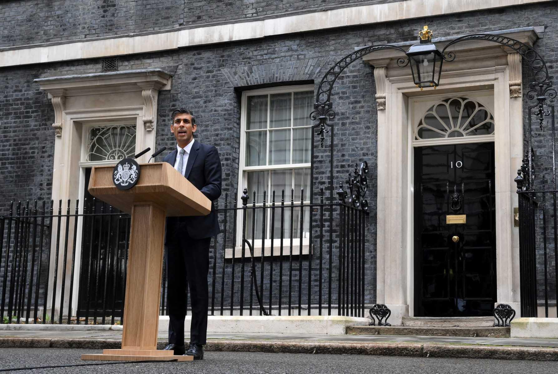 Britain's newly appointed Prime Minister Rishi Sunak delivers a speech outside 10 Downing Street in central London, on Oct 25. Photo: AFP