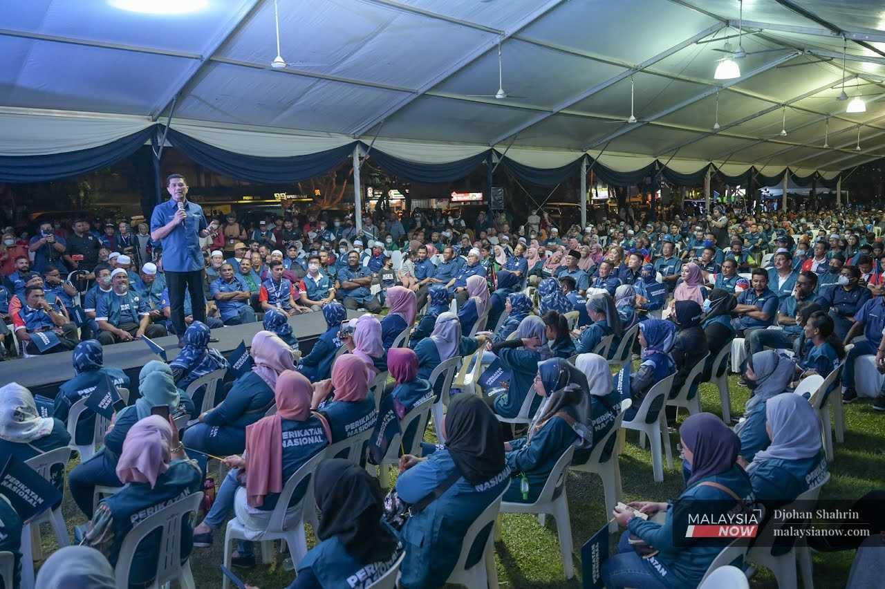 Gombak incumbent Mohamed Azmin Ali speaks at a Perikatan Nasional event in Selangor last night. 

