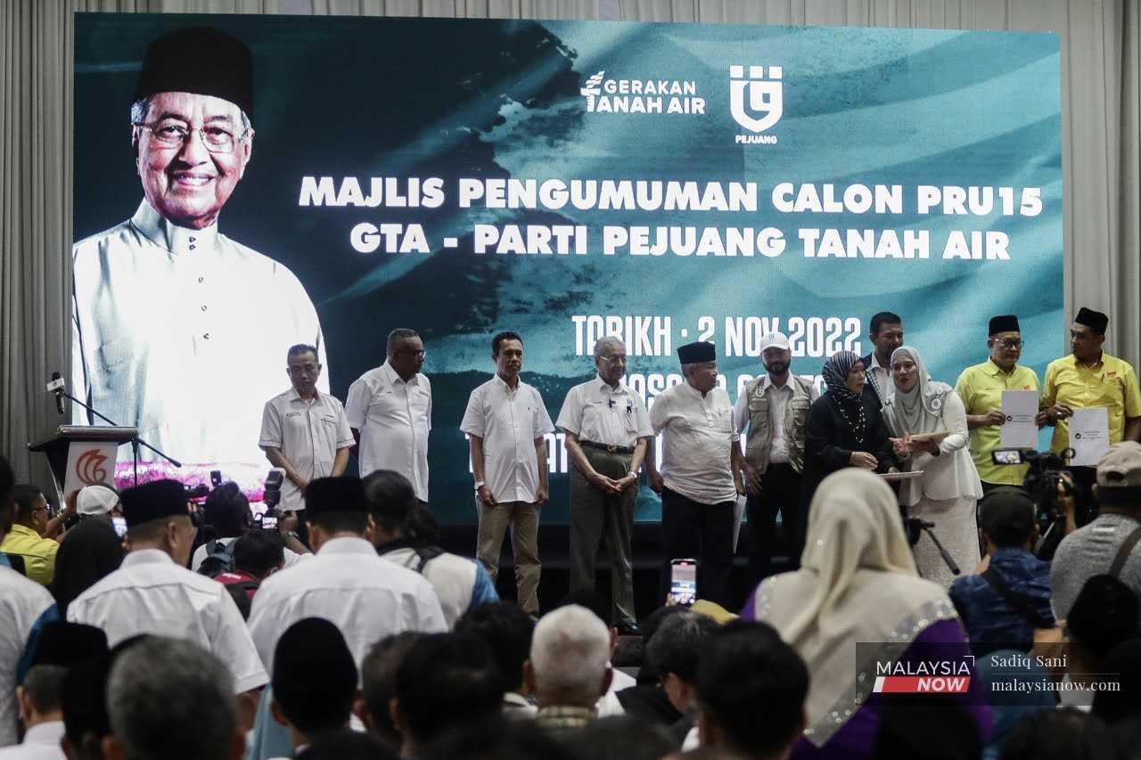 Gerakan Tanah Air chairman Dr Mahathir Mohamad at the announcement of the coalition's candidates for the 15th general election. 