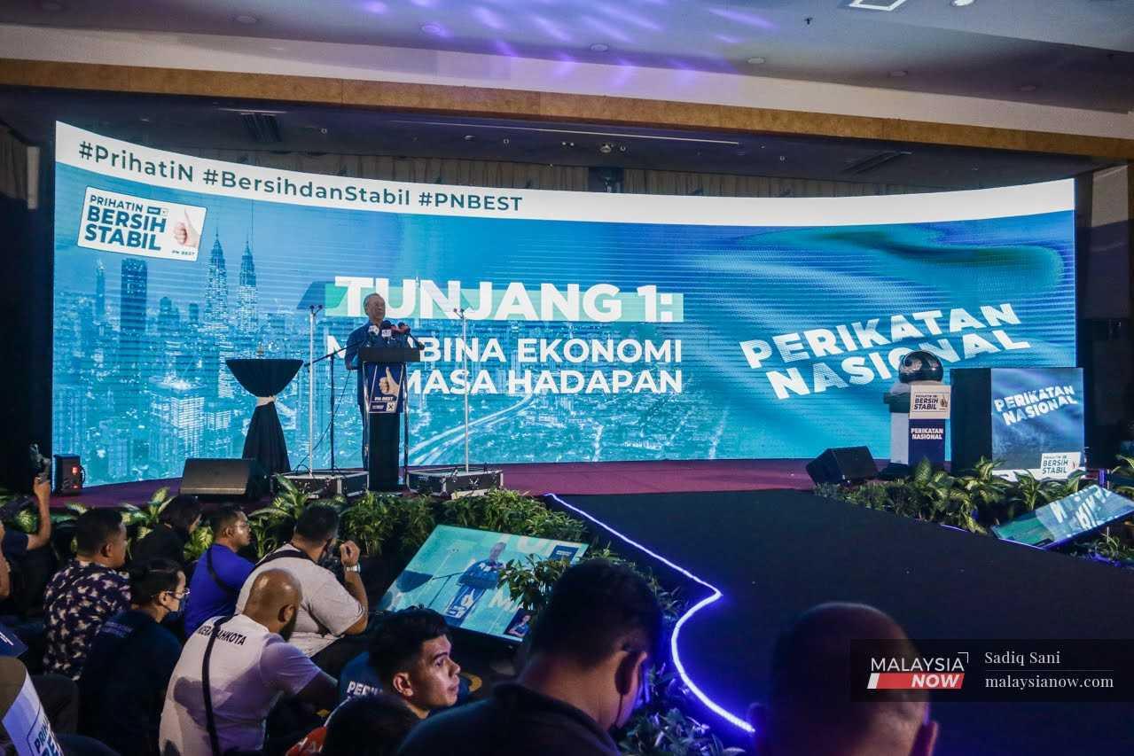 Perikatan Nasional chairman Muhyiddin Yassin speaks at the launch of the coalition’s manifesto for the upcoming polls tonight.