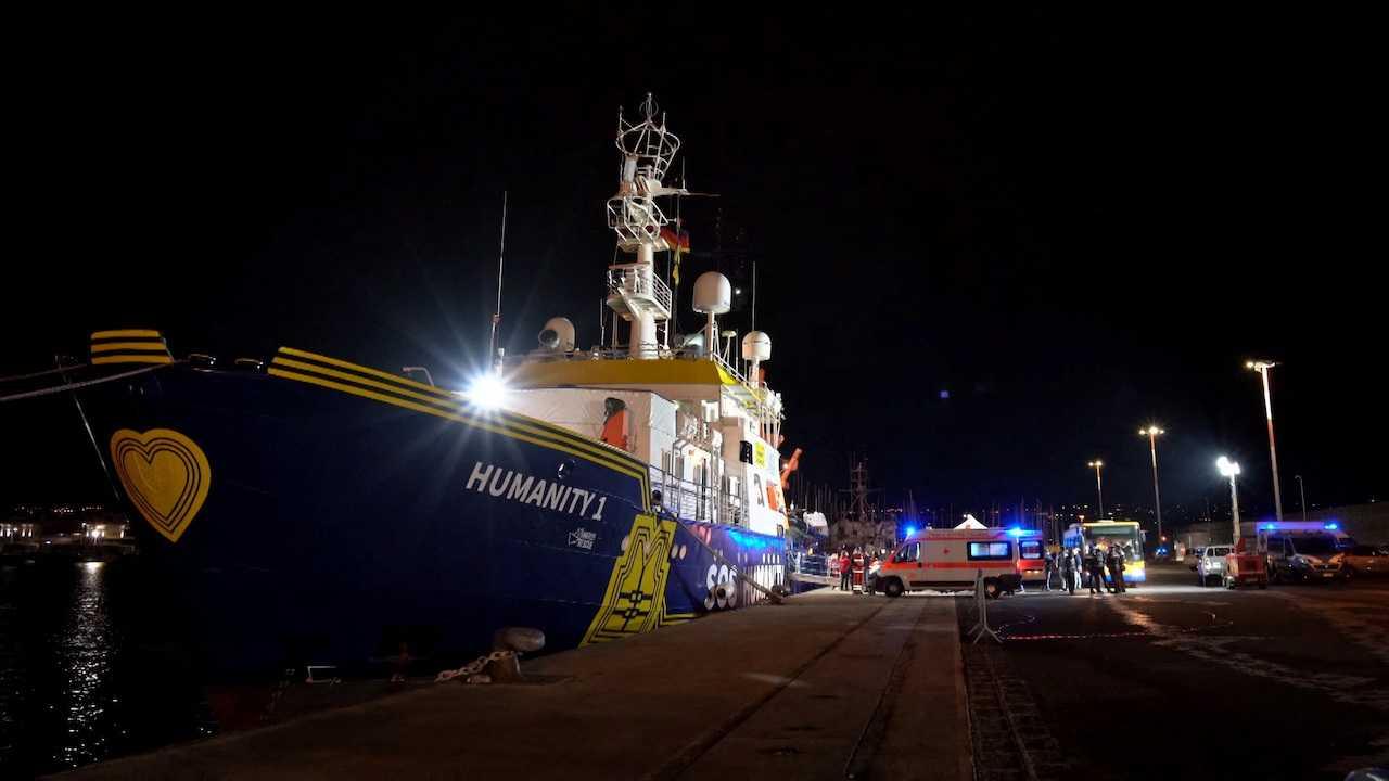 NGO rescue ship Humanity 1 docks in the port of Catania after Italy allows the disembarkation of children and sick people, on Nov 6. Photo: Reuters