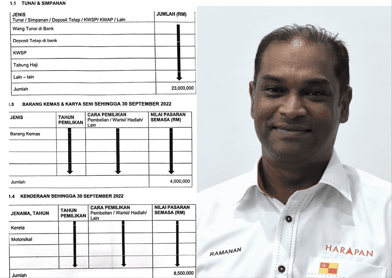 Arrows mark the otherwise blank columns where PKR's Ramanan Ramakrishnan (pic) is supposed to provide the details of his wealth in his asset declaration form.