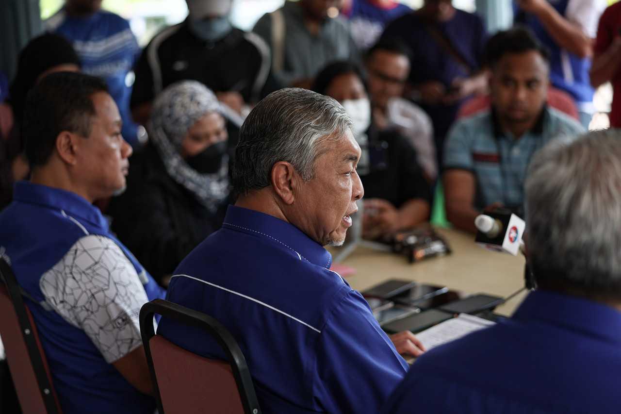 Umno president Ahmad Zahid Hamidi speaks to reporters in Bagan Datuk today. Photo: Bernama