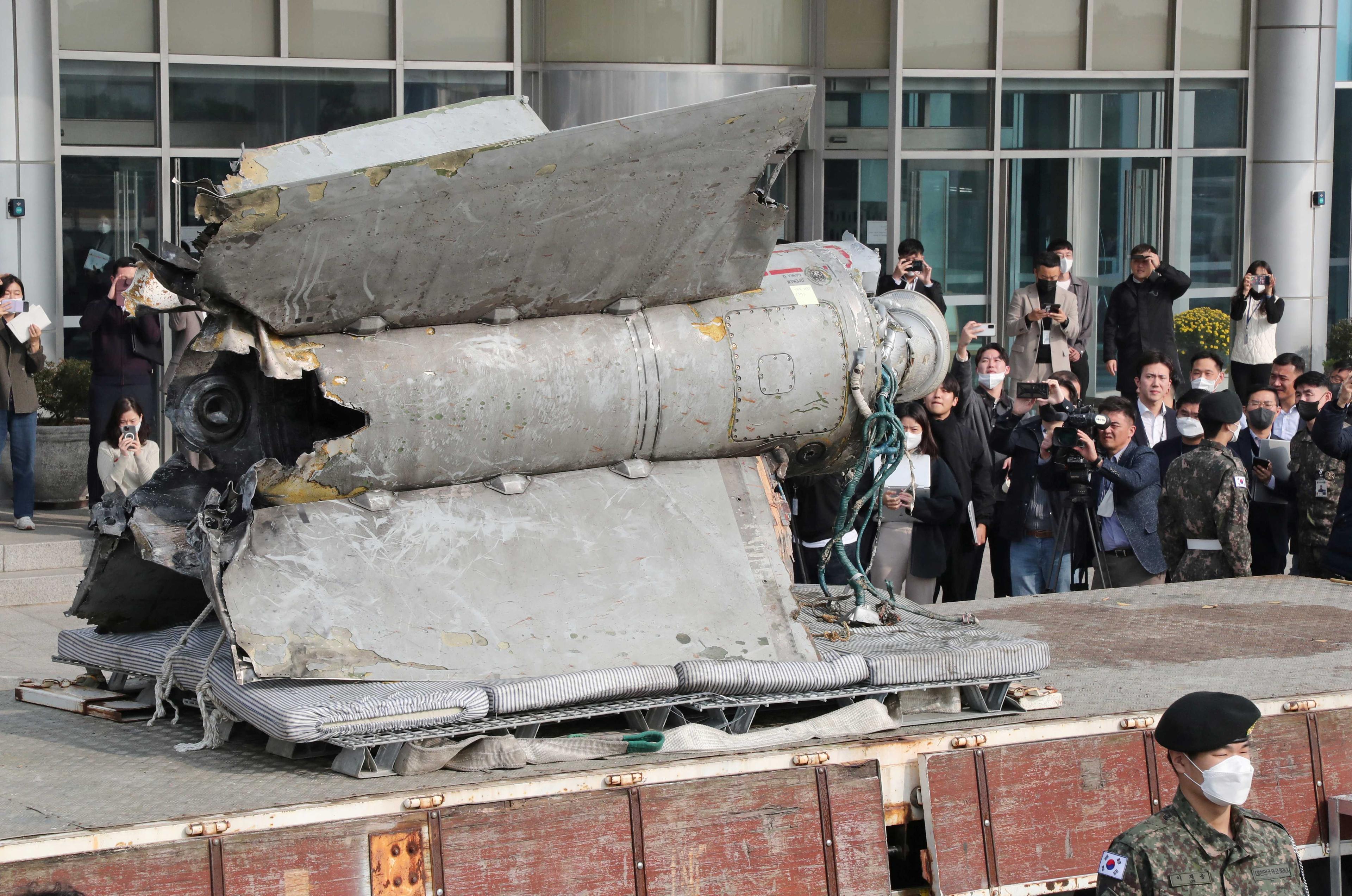 Debris of a North Korean missile salvaged from South Korean waters that was identified as parts of a Soviet-era SA-5 surface-to-air missile is seen at the Defense Ministry in Seoul, South Korea, Nov 9. Photo: Reuters