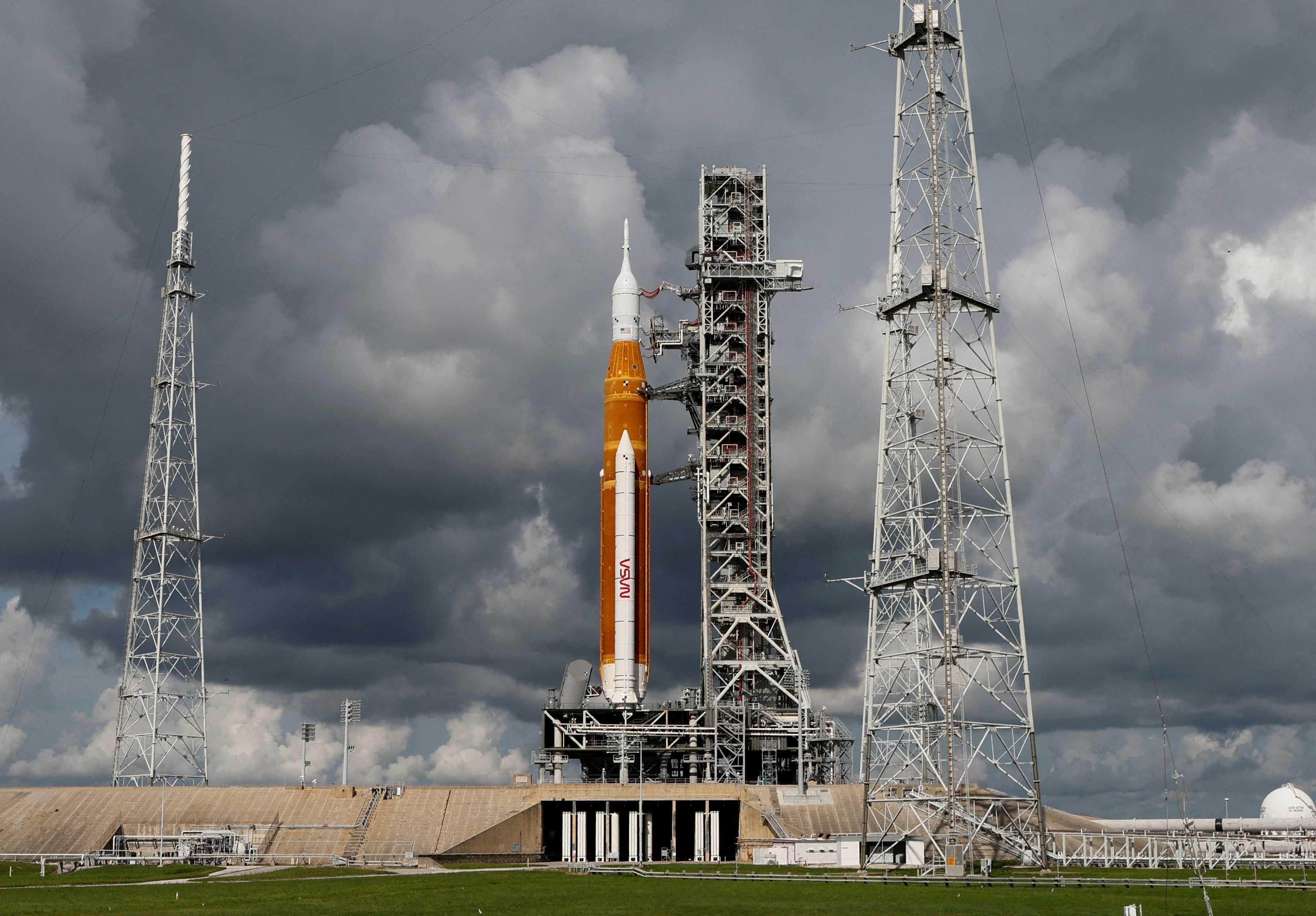 Nasa's next-generation moon rocket, the Space Launch System (SLS) with the Orion crew capsule perched on top, stands on launch complex 39B before its rescheduled debut test launch for the Artemis 1 mission at Cape Canaveral, Florida, US Sept 2. Photo: Reuters