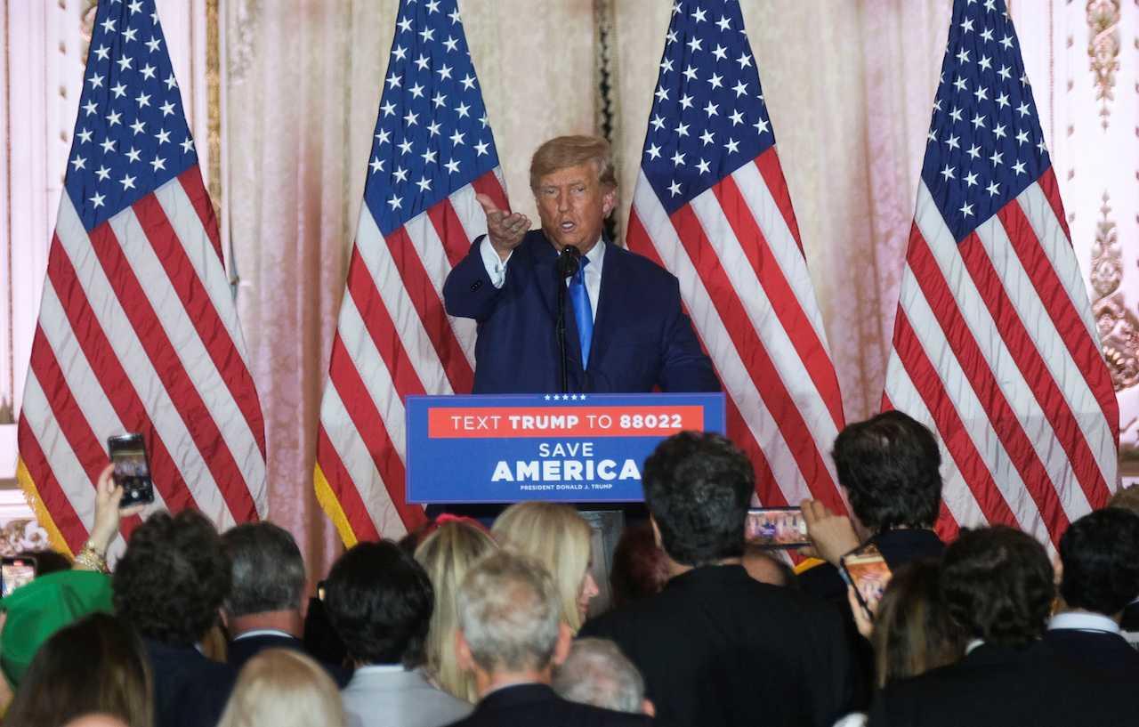 Former US president Donald Trump speaks at his Mar-a-Lago resort on the night of the 2022 US midterm elections in Palm Beach, Florida, Nov 8. Photo: Reuters