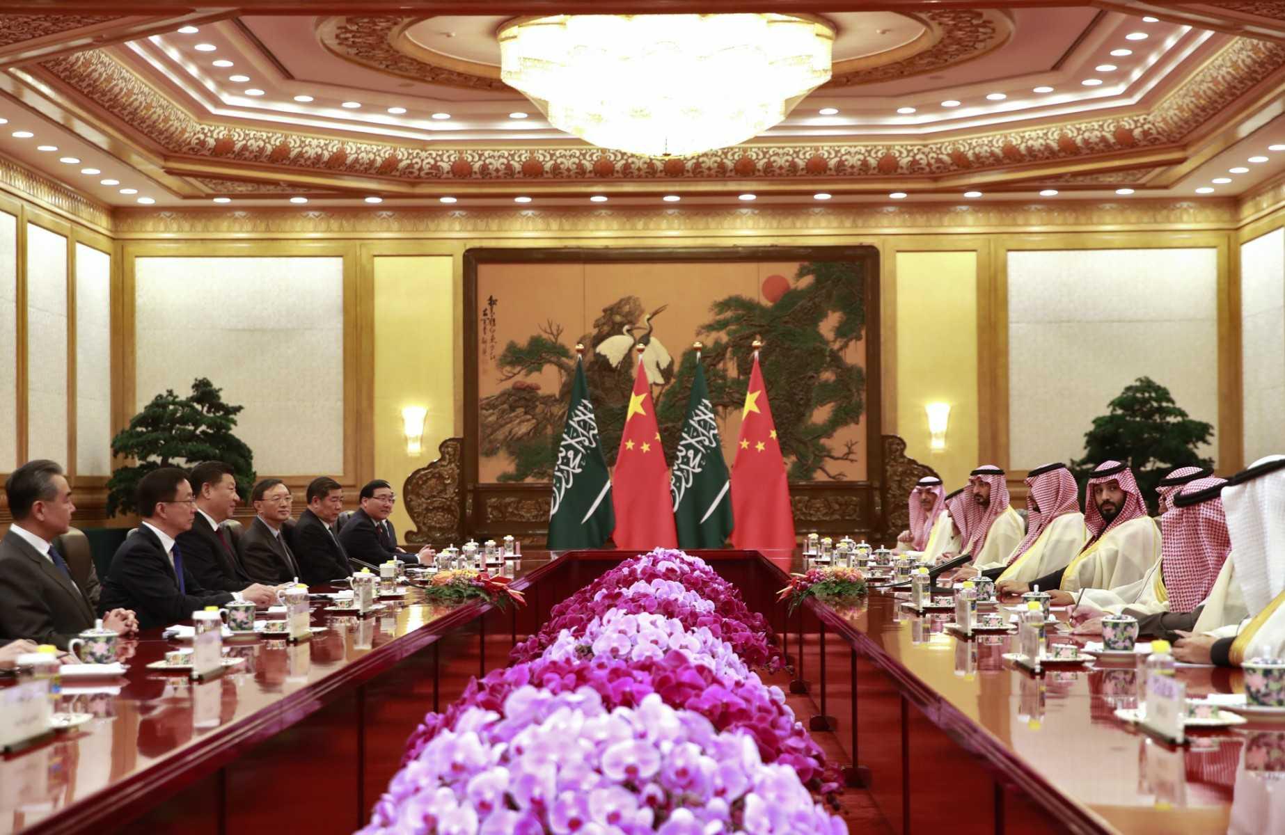 Saudi Crown Prince Mohammed bin Salman (fourth right) attends a meeting with Chinese President Xi Jinping (third left) at the Great Hall of the People in Beijing on Feb 22, 2019. Photo: AFP