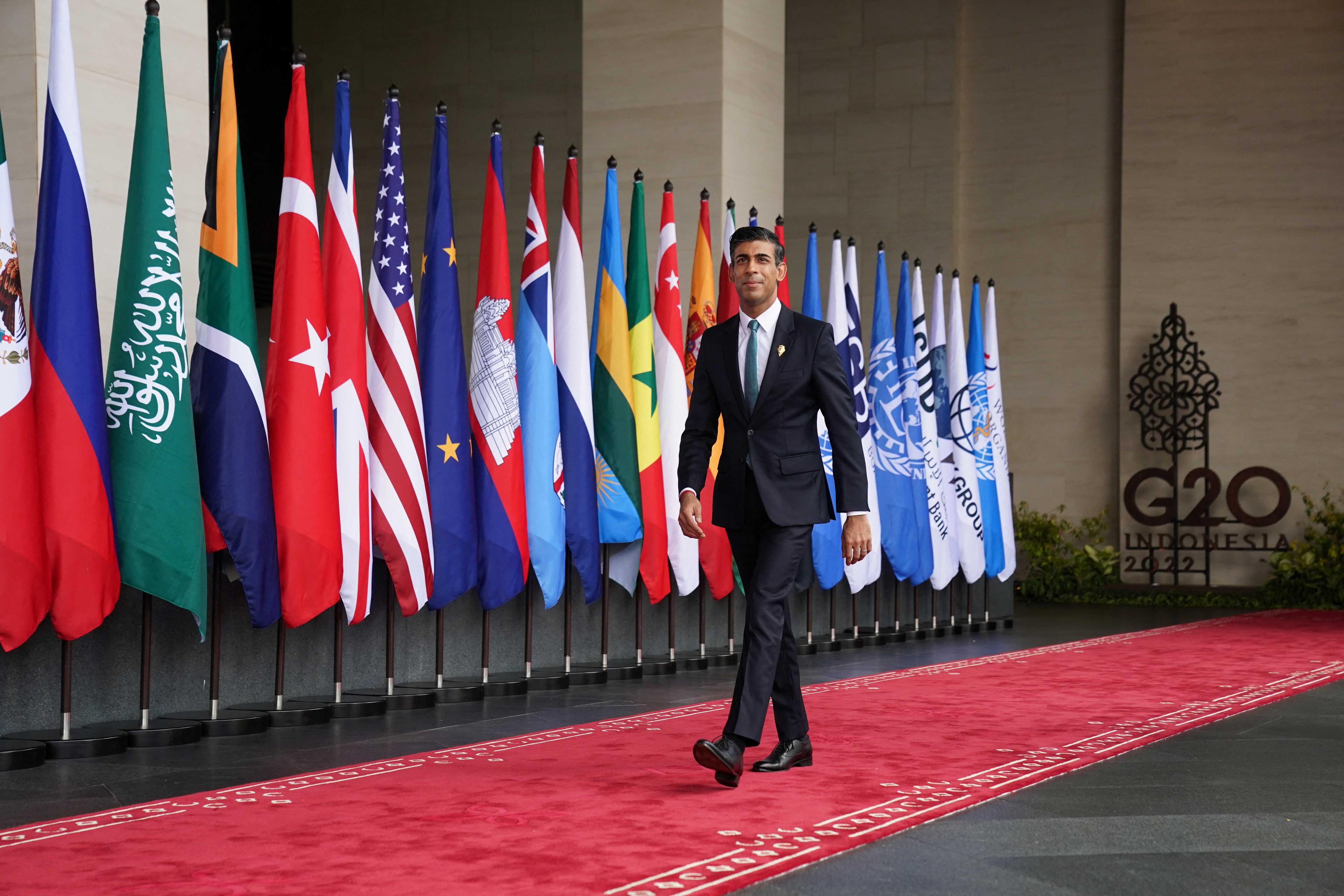British Prime Minister Rishi Sunak arrives for the G20 leaders' summit in Nusa Dua, Bali, Indonesia, Nov 15. Photo: Reuters