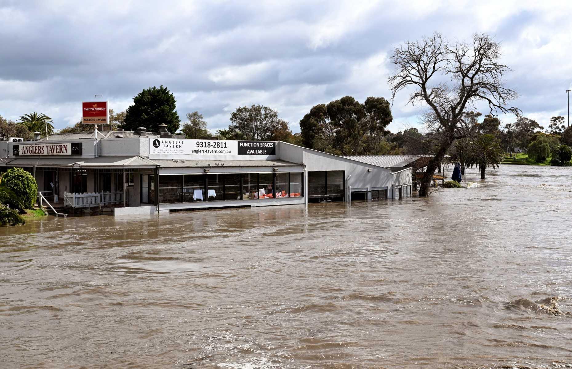 A tavern is inundated by water during flooding in the Melbourne suburb of Maribyrnong on Oct 14. Photo: AFP 