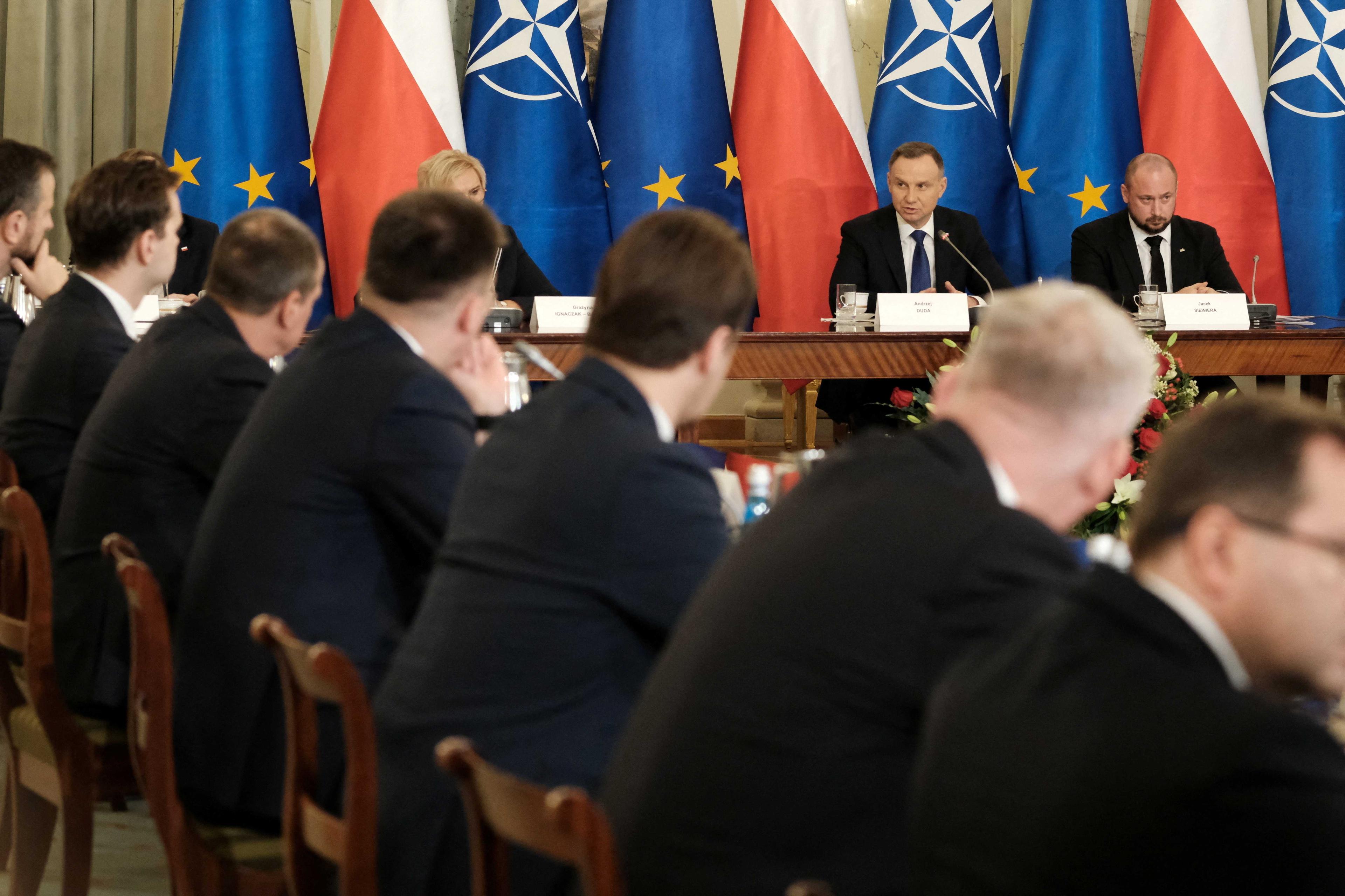 Polish President Andrzej Duda speaks during a meeting of the security committee in connection with the missile attack on the territory of Poland, in Warsaw, Poland Nov 16. Photo: Reuters