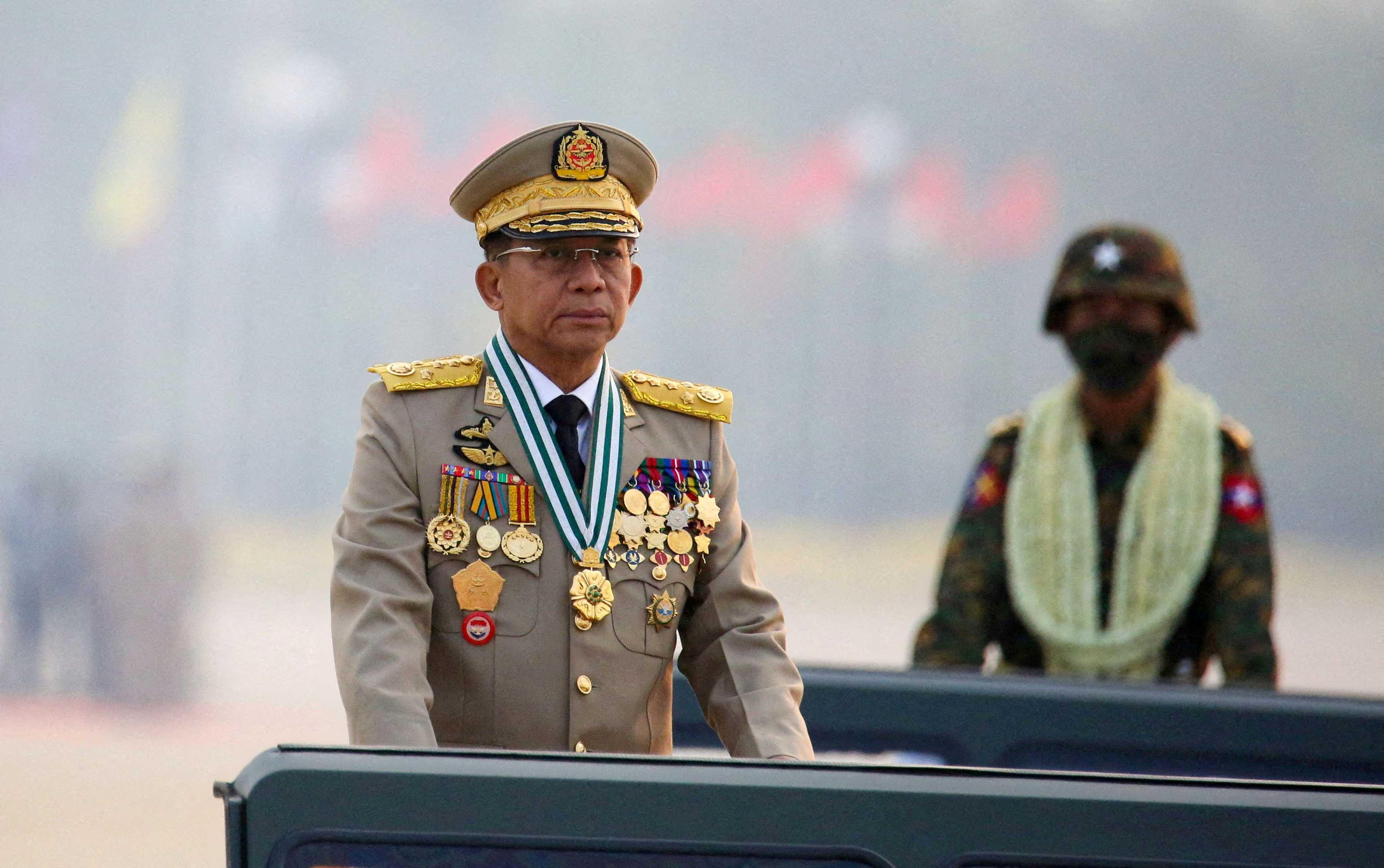 Myanmar's junta chief Senior General Min Aung Hlaing, who ousted the elected government in a coup on Feb 1, 2021, presides over an army parade on Armed Forces Day in Naypyitaw, Myanmar, March 27, 2021. Photo: Reuters