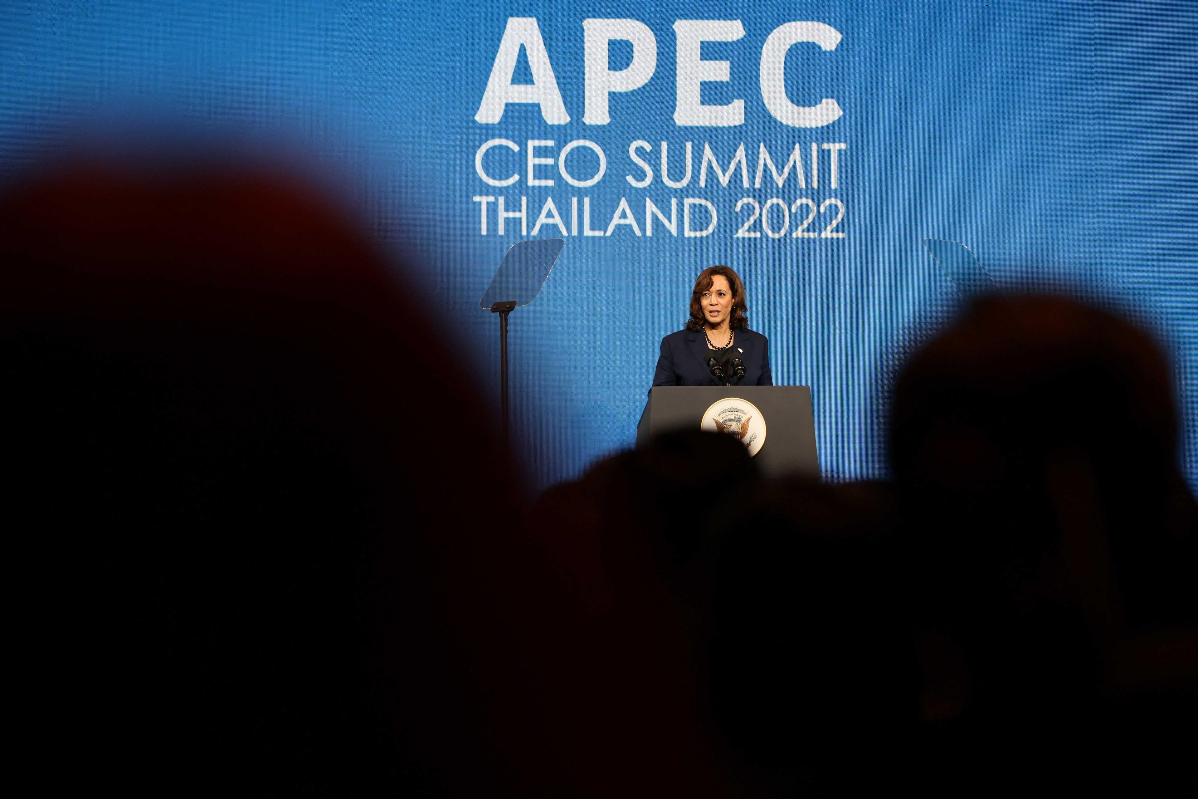 US Vice President Kamala Harris addresses the Apec CEO Summit during the Asia-Pacific Economic Cooperation Summit in Bangkok, Thailand on Nov 18. Photo: Reuters