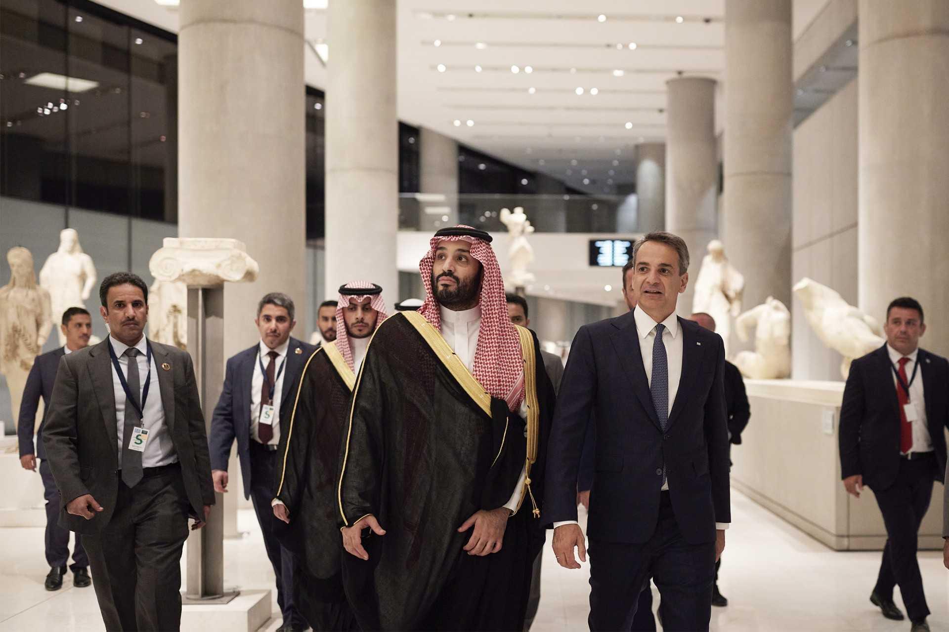 Saudi Crown Prince Mohammed bin Salman and Greek Prime minister Kyriakos Mitsotakis visit the Acropolis museum in Athens, late on July 26, during the Prince's his first Europen trip since the 2018 killing of Saudi journalist Jamal Khashoggi. Photo: AFP 